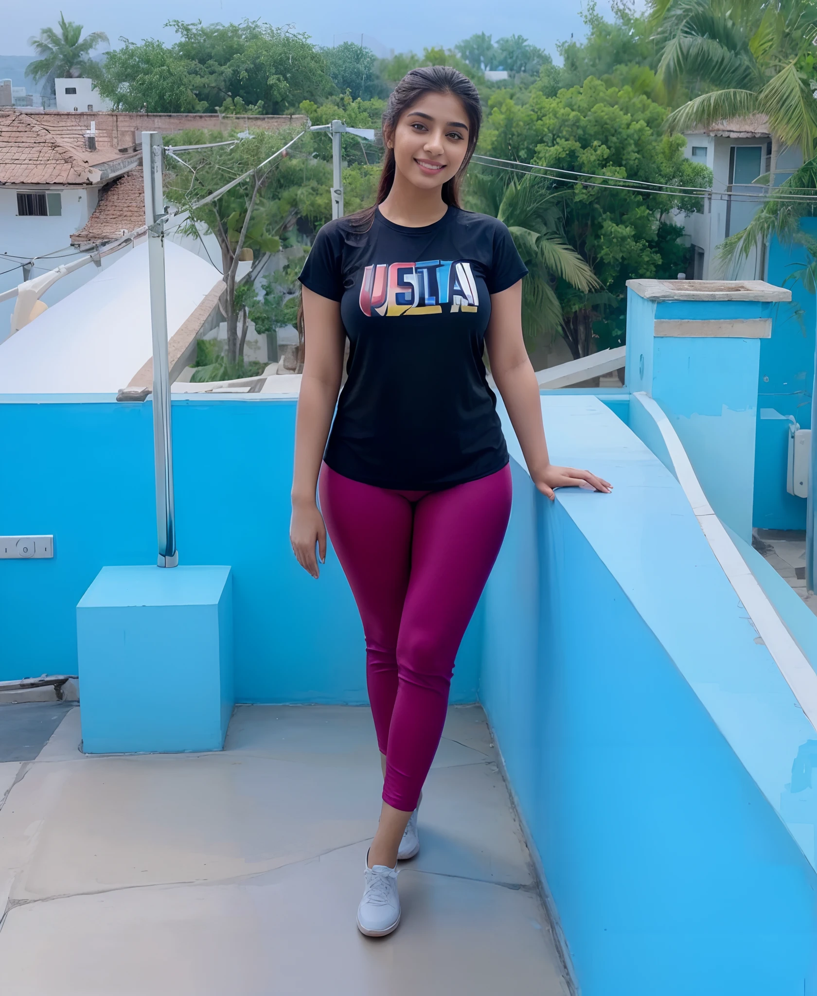 ((Masterpiece)), ((ultra-high resolution)), Pakistani girl, thick figure,skinny waist and thick hips, long straight hair,fair skin, wearing top and yoga pants, seductive pose, cute smile,