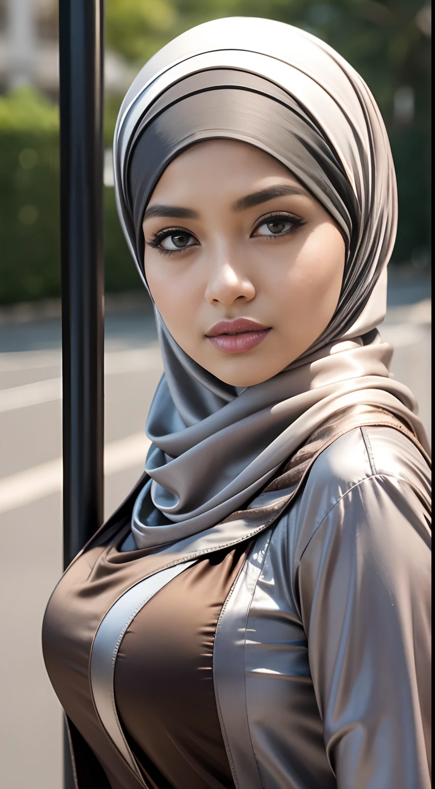 RAW, Best quality, high resolution, masterpiece: 1.3), beautiful Malay woman in hijab (iu:0.8),Best quality, high resolution, Masterpiece: 1.3, Beautiful  hijabi malay girl, Masterpiece, Soft smile,Beautiful Malay women wear Masterpiece, Best Quality, photography, Portrait, Realism, highly detailed, full length frame, High detail RAW color art, diffused soft lighting, shallow depth of field, sharp focus, hyperrealisma, a woman, beautifully, big eyes, big breast, Parted Lips, Challenge Eye, beautiful big eyes, long eye lashes, wearing ((gray satin headscarf)), loosely tide hijab style, ((brown satin shirt)), satin long maxi skirt, long blazer, high cut boots, walking on street, Eiffel tower view