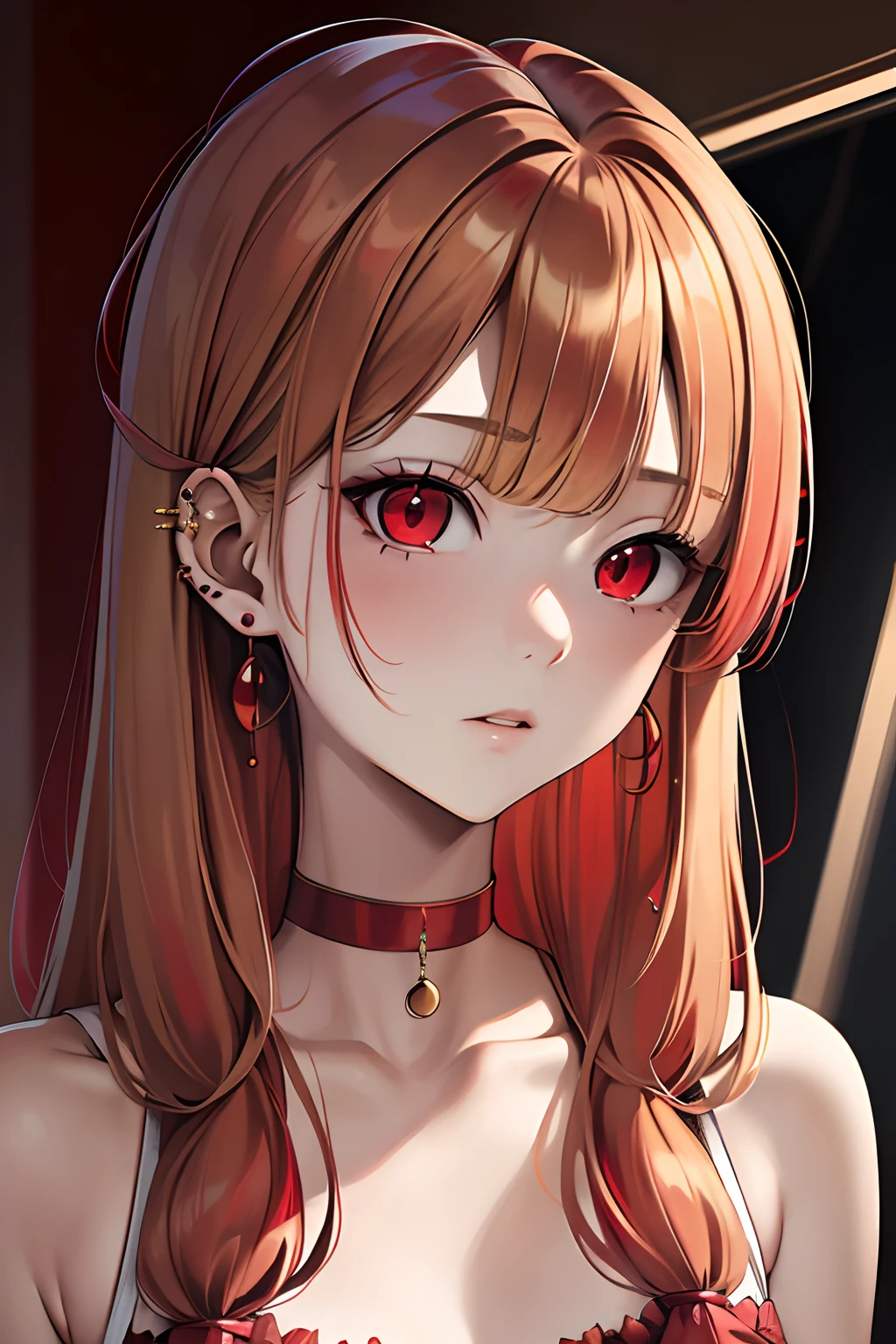 (masterpiece, best quality),  marin kitagawa, blonde hair, choker, ear piercing, earrings, long hair, piercing, (red eyes:1.5), straight hair, swept bangs,