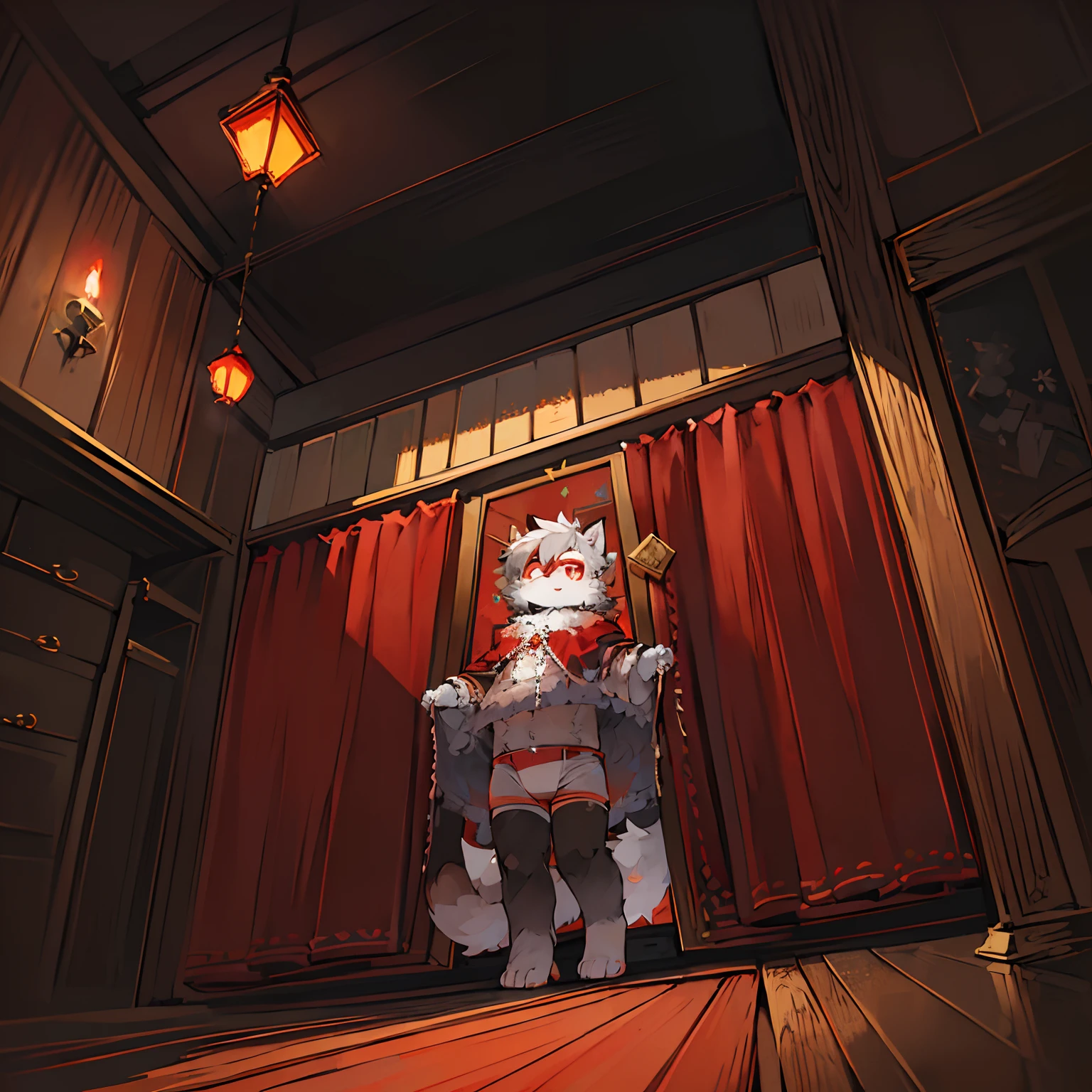 (ambiente dark:0.8),Masterpiece,High quality,abstract res,Digital painting\(artwork of a\), by Dagasi, Yupa,Kiyosan,(anthro,Fluffy fur,Character focus:1.1),anthro male cat,Short hair,Portrait , eyes with brightness, in a panoramic view, Character focus.(detailedbackground:0.7), 独奏, shaggy, shaggy male, malefocus, anthr,(Full Body Furry, Fluffy tail, White fur, red color eyes, Gray hair:1.2), (long canines、Vampires、cloaks:1.2),(interiors、the night、borgar、casket:1.1)(Wear diapers)