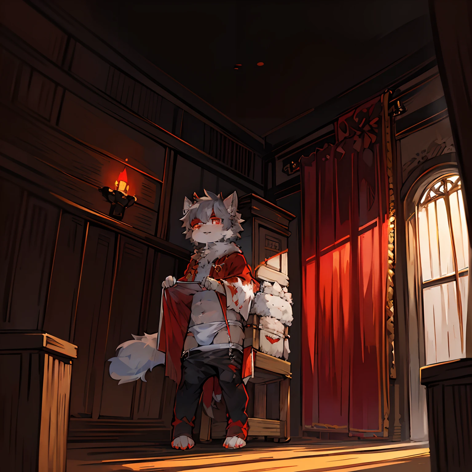 (ambiente dark:0.8),Masterpiece,High quality,abstract res,Digital painting\(artwork of a\), by Dagasi, Yupa,Kiyosan,(anthro,Fluffy fur,Character focus:1.1),anthro male cat,Short hair,Portrait , eyes with brightness, in a panoramic view, Character focus.(detailedbackground:0.7), 独奏, shaggy, shaggy male, malefocus, anthr,(Full Body Furry, Fluffy tail, White fur, red color eyes, Gray hair:1.2), (long canines、Vampires、cloaks：1.2），（interiors、the night、borgar、casket：1.1）(Wear diapers)