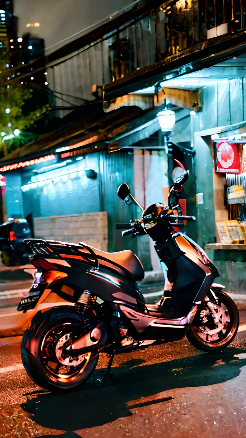 motorcycles parked outside a restaurant at night on a street, moped, one motorbike in center of frame, in front of ramen shop, at night, at twilight, candid shot, night photo, night time scene, taken in the night, food stall, convenience store, evening at dusk, night shot, riding on the moped scooter, colombo sri lankan city street