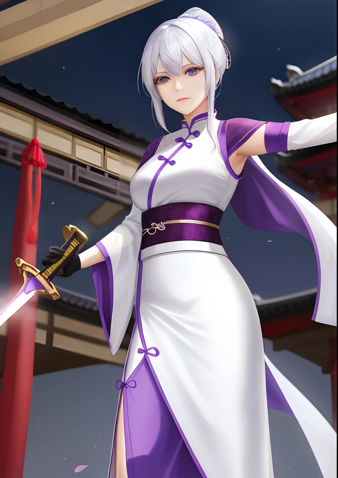 Anime Bleach, battlefield, snow, (Rukia Kuchiku - Anime Bleach), solo, silver hair, ice princess, short hair, purple eyes, Japanese clothes, looking at the viewer, ice white kimono, hair between eyes, wide sleeves, hakama pants, white_sash, from behind, mouth closed, serious smile, standing, ice sword in your hand, looking forward, battle posture.