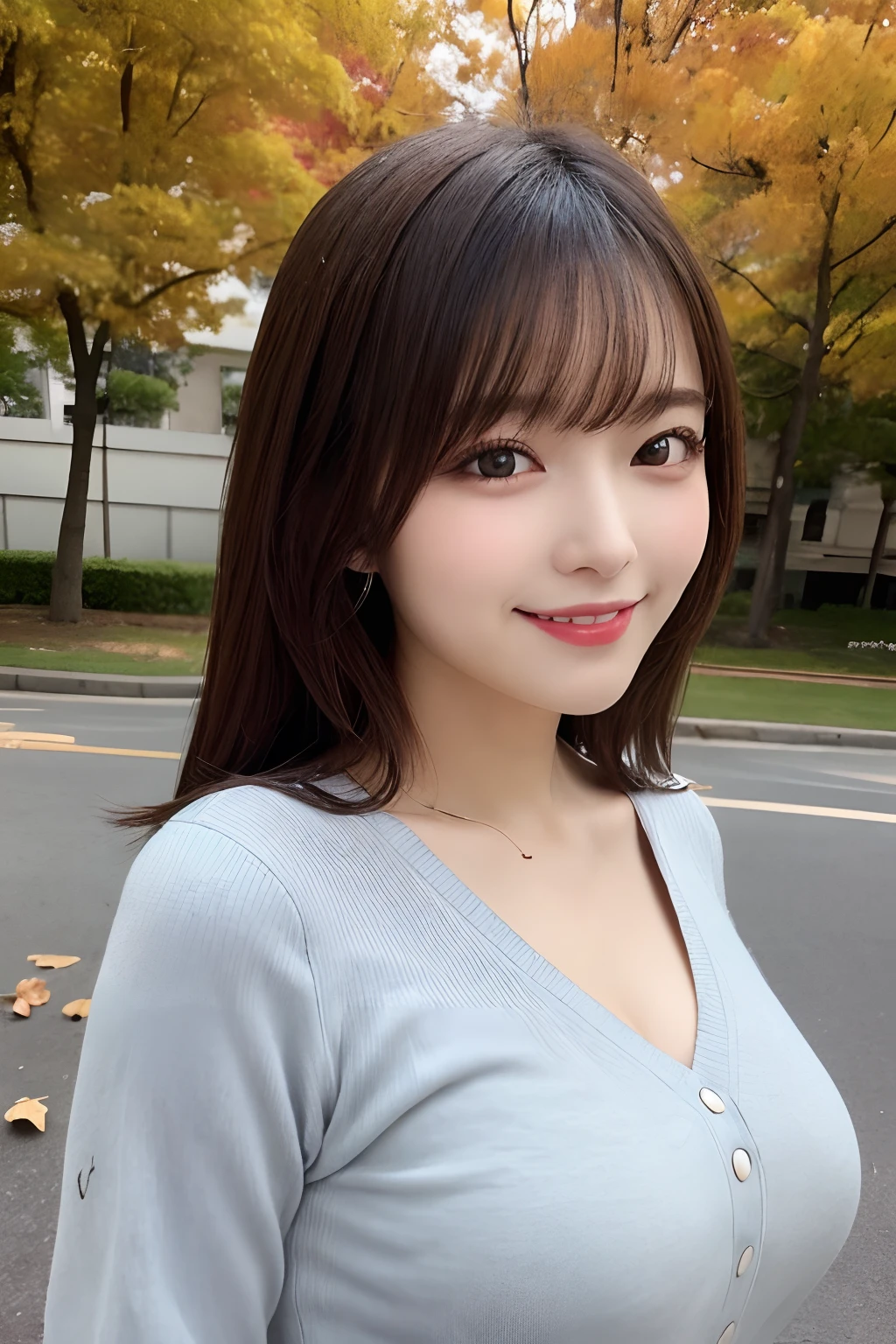 masutepiece, Best Quality, Illustration, Ultra-detailed, finely detail, hight resolution, 8K Wallpaper, Perfect dynamic composition, Beautiful detailed eyes, doress,Medium Hair, small tits, Natural Color Lip, Random and sexy poses,Smile,Osaka，20 years girl，Cute、Autumn Casual