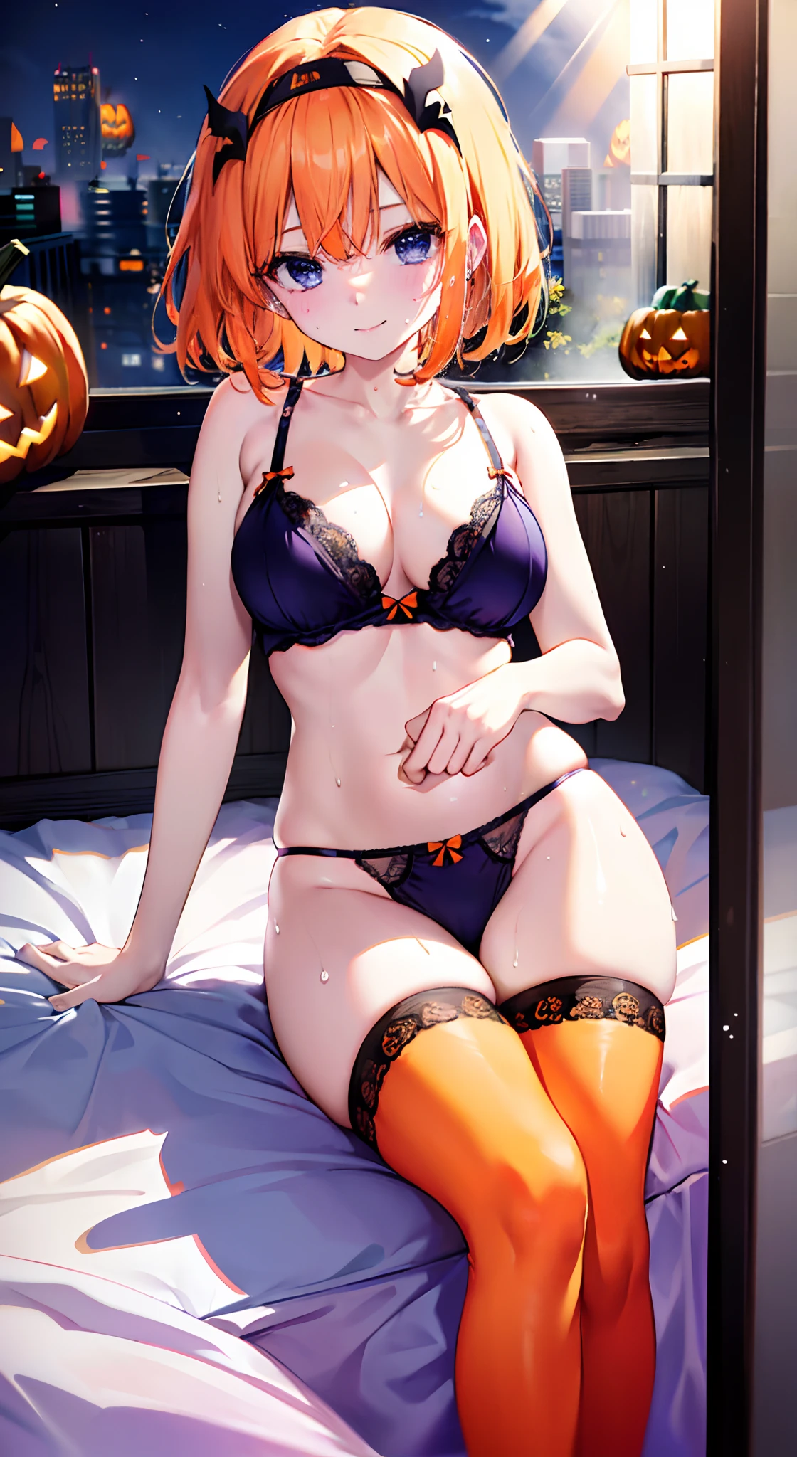 absurderes、Hi-Res、break watch viewer、POV POV Perspective:1.5) BREAK(Vivid Color:1.3) BREAK(one girls:1.3)、(Lori:1.2)、Orange hair color、blue eyess、(Eyes looking up:1.2)、(A smile:1.5)、NM1、Hair Ribbon、(Orange lingerie:1.5)、(Halloween Underwear:1.5)、Halloween Cosplay、(Slouched:1.4)、 (breasts forcus:1.3)、Opening Mouth、roundly eyes、(blown by the wind:0.5)、(Sweating around girls、Dripping sweat:1.3)、gust of wind(the wind:1.2)、Sense of speed、Refreshing breeze、Motion blur effect、The backdrop cutting through the wind is a hotel、(Stand in the center of the screen:1.3)、in a house、Windbreak Daylight、 Spectacular views、light particules、dynamic ungle、Dutch Angle、Perspective Break(during daytime、Sun'rays:1.2)、depth of fields、bokeh dof、light leaks、(chromatic abberation:1.2)、break at noon、on the beds、Look sexy、Erotic looks are asleep、laying on back、a bed、Seats、Opening legs、frontage、Show your pants、M leg opening、Show me your crotch