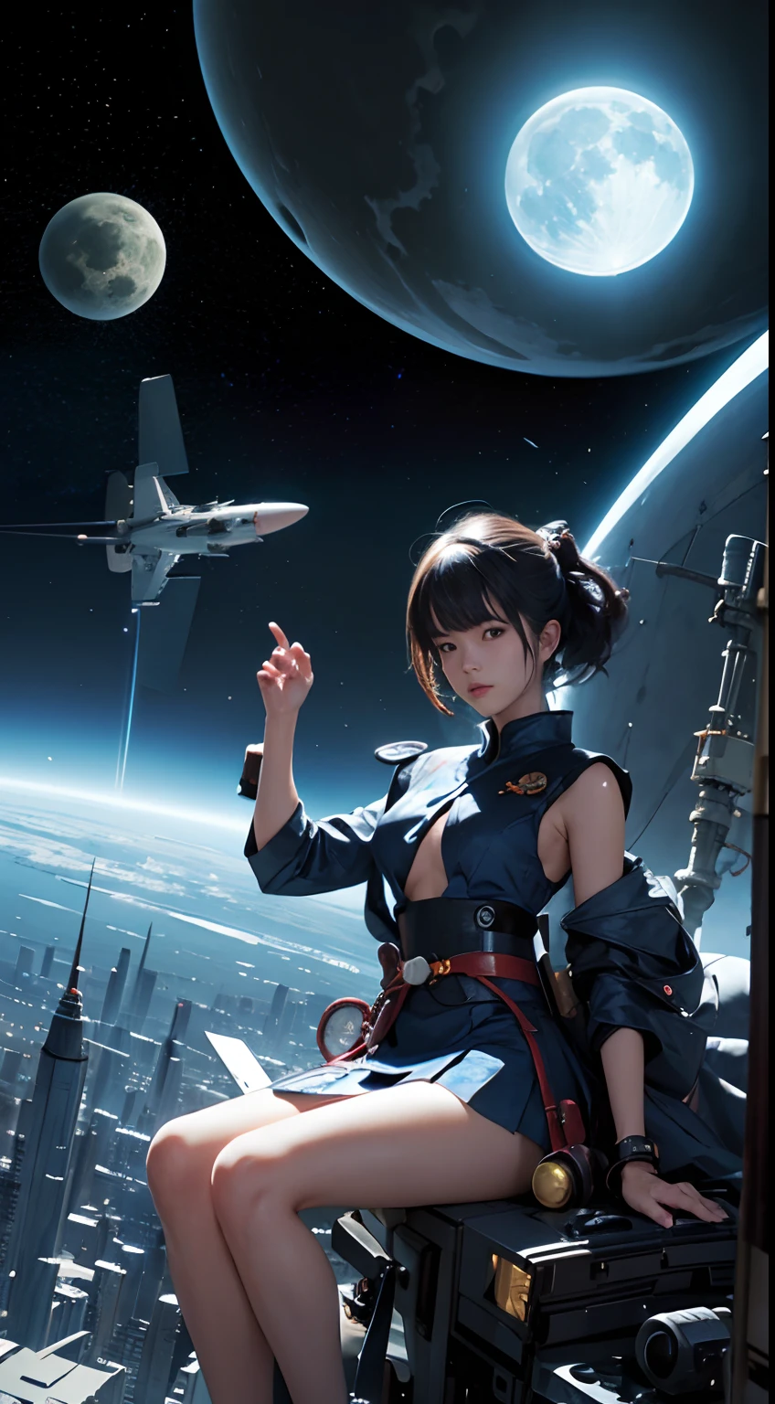 Katsuhiro Otomo, Naoyuki Kato, Nasamune Shirow, Surreal, mysterious, strange, fantastical, fantasy, Sci-fi, Japanese anime, miniskirt beautiful girl designer who draws blueprints for spaceships, perfect voluminous sexy erotic body, moon, propulsion engine, cross-sectional view, mechanical drawing, perspective view, hyper detailed masterpiece high resolution definition quality,