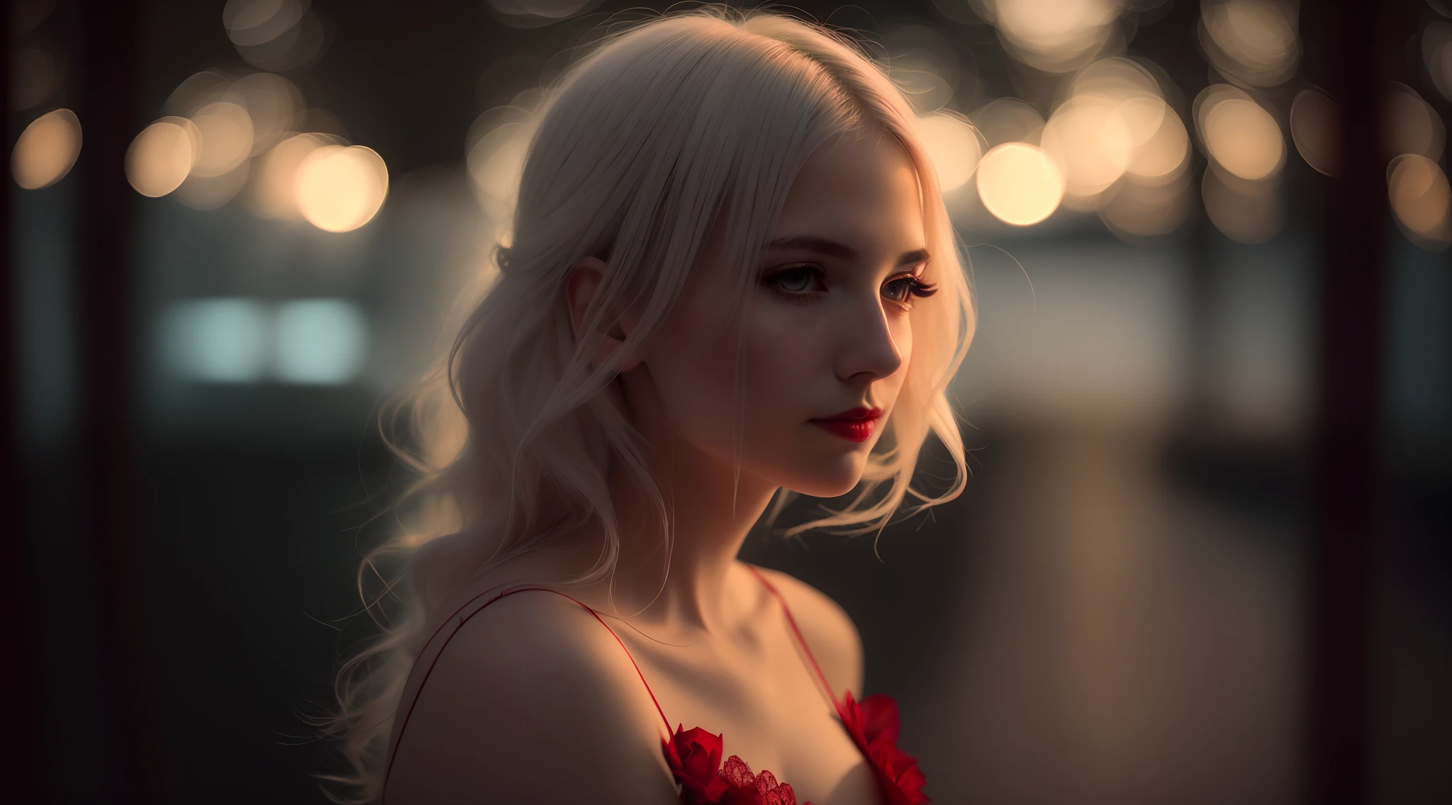 white-haired woman in a red dress looking at the camera, hair over right eye, medium long hair, 8 k sensual lighting, soft portrait shot 8 k, gorgeous cinematic lighting, beautiful and cinematic lighting, cinematic lighting photography, cinematic soft lighting, beautiful cinematic lighting, cinematic portrait, bokeh top cinematic lighting, beautiful soft lighting, atmospheric portrait, moody cinematic lighting, soft lighting 8k, portrait soft low light, night, full moon, one hairpin, red-rose hairpin, mouth opened a little,