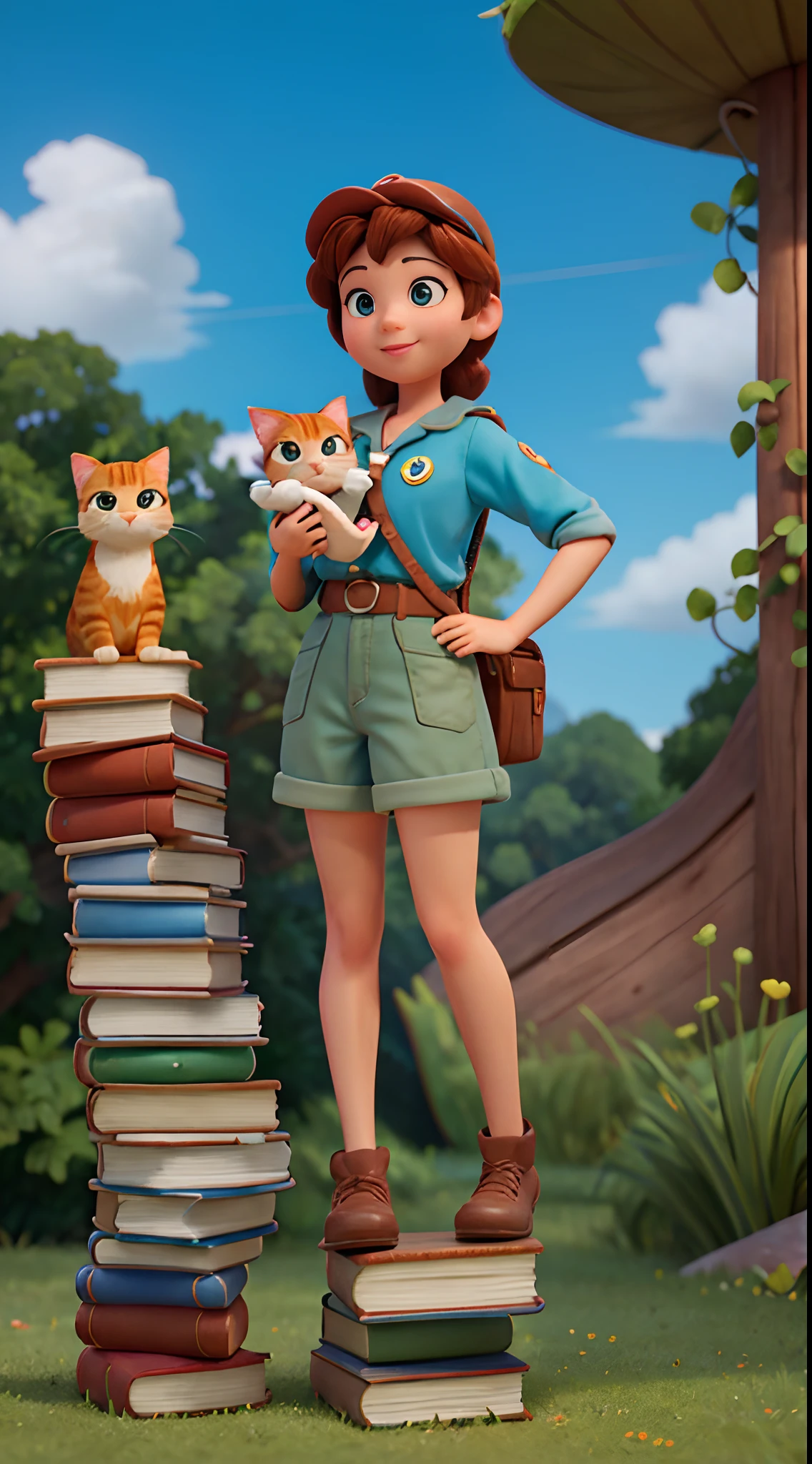 Disney Pixar Poster, A beautiful woman wearing a Scout outfit is standing on a stack of books with a cute cat beside her, the background is peaceful and beautiful, the atmosphere is cheerful, This image has the title "Melani", Disney art, Disney Pixar poster, 3d animation, hd, ultra hd, 3d