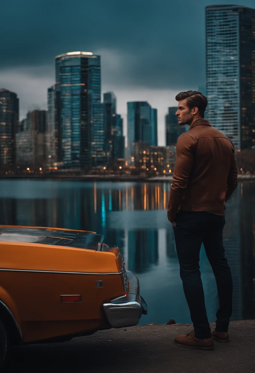 A guy leaning against his car by a lake with a city of tall buildings in the background