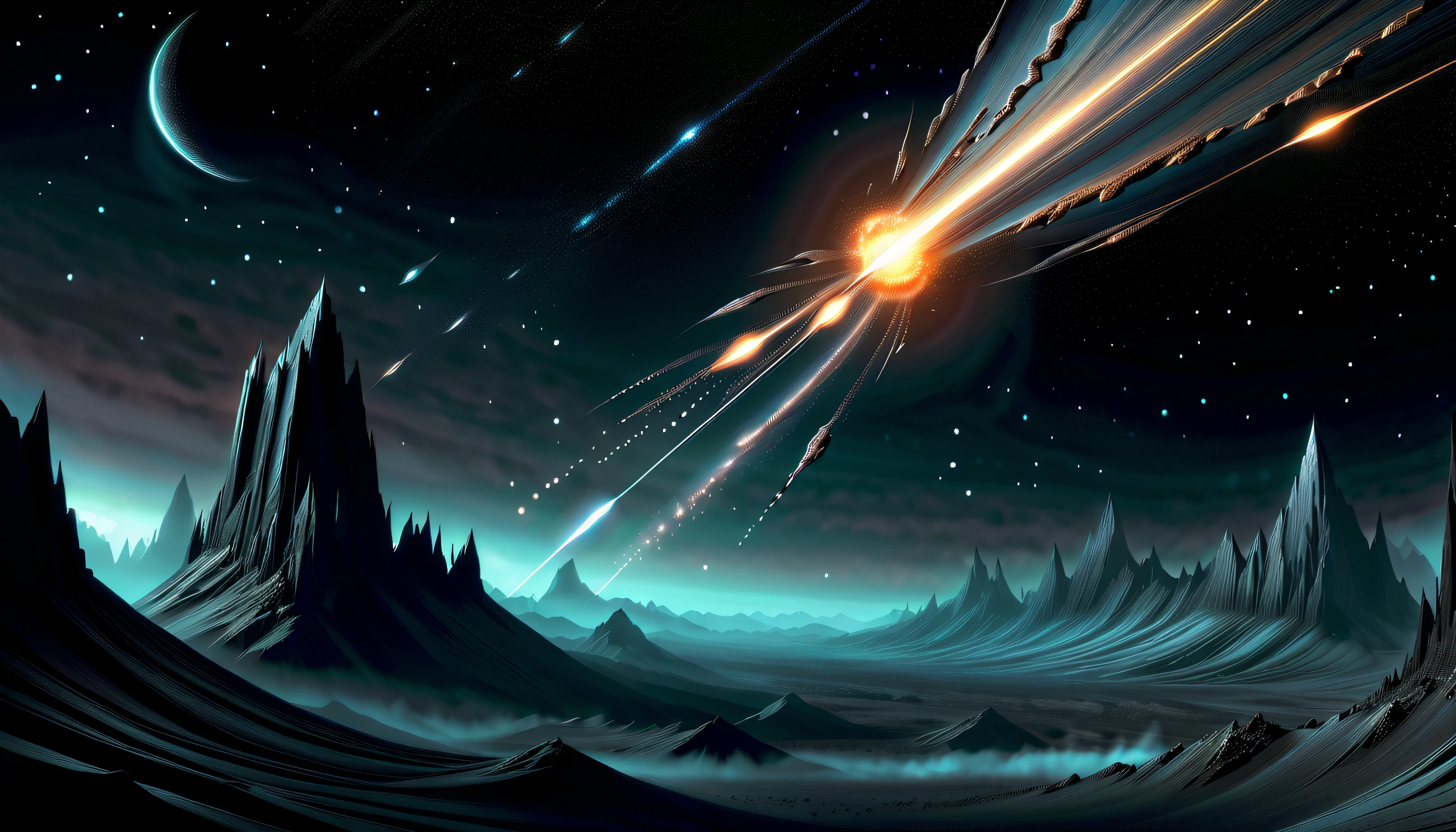 (((insane dark fantasy world with intricate visually striking meteor with meteor trail illustration:1.3))), landscape is brought to life with stunning detail, while single Meteor glimmer of hope, otherwise bleak setting. intricate dark, stylistic rendering of dark fantasy scene, intricate insane details, captivating cinematic light, make beauty visually of stunning render, crystal cluster breathtaking stunning landscape, true masterpiece, future coalesce and fantasia in captivating harmony, mysteriously divine transcending time itself, image exudes an air of obscura vivid enchantment, brings every intricate details, aerosol and acrylic painting masterpiece, dark fantasy essence of meteor, stunning extremely insane detail masterful brushstrokes, ethereal beautiful glow, carefully crafted painting,