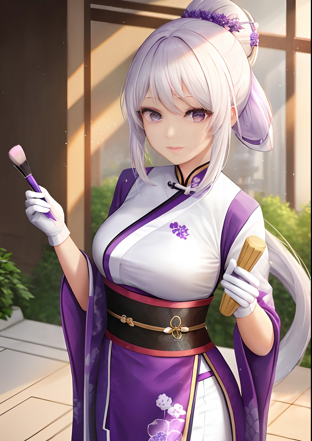 A woman，Take a brush，White hair，Wear purple Hanfu，Long white gloves are worn on the elbows，Chinese Ancient Architecture