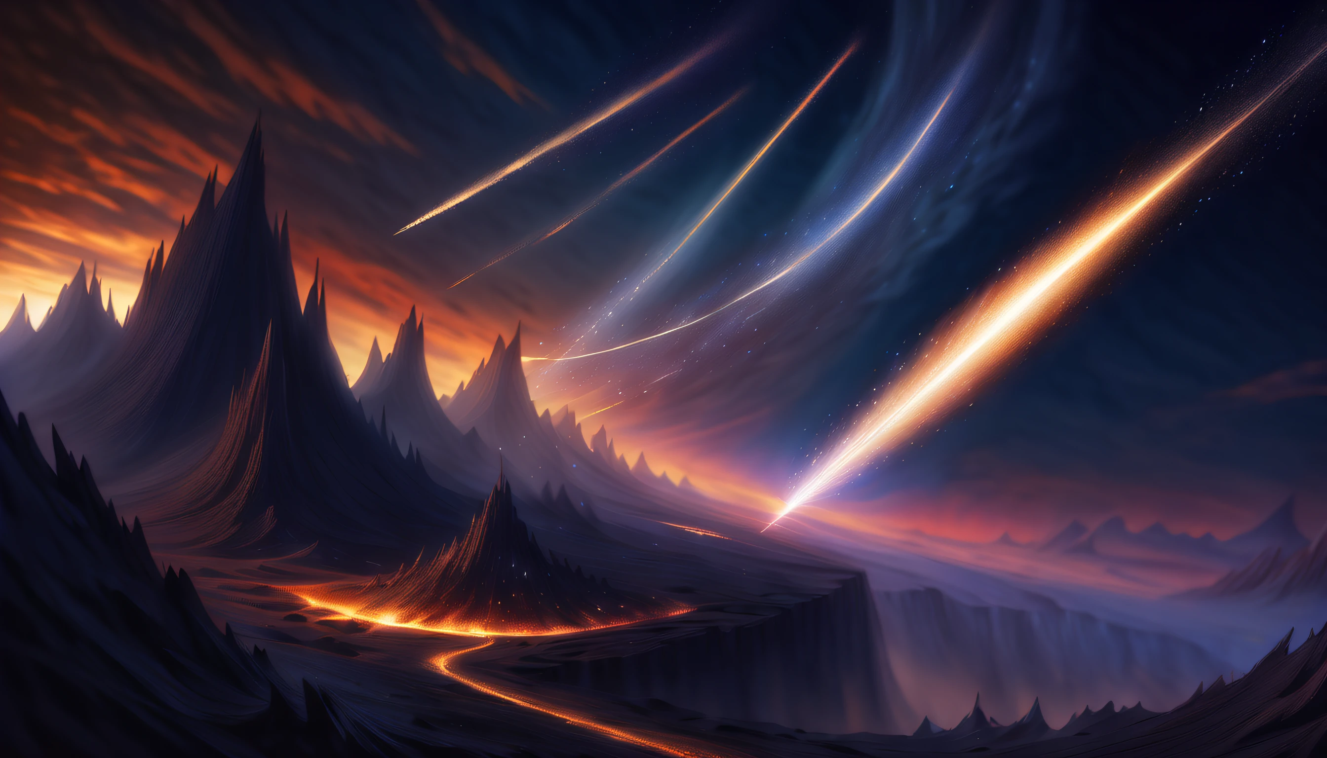 (((insane dark fantasy world with intricate visually striking meteor with meteor trail illustration:1.3))), landscape is brought to life with stunning detail, while single Meteor glimmer of hope, otherwise bleak setting. intricate dark, stylistic rendering of dark fantasy scene, intricate insane details, captivating cinematic light, make beauty visually of stunning render, crystal cluster breathtaking stunning landscape, true masterpiece, future coalesce and fantasia in captivating harmony, mysteriously divine transcending time itself, image exudes an air of obscura vivid enchantment, brings every intricate details, aerosol and acrylic painting masterpiece, dark fantasy essence of meteor, stunning extremely insane detail masterful brushstrokes, ethereal beautiful glow, carefully crafted painting,