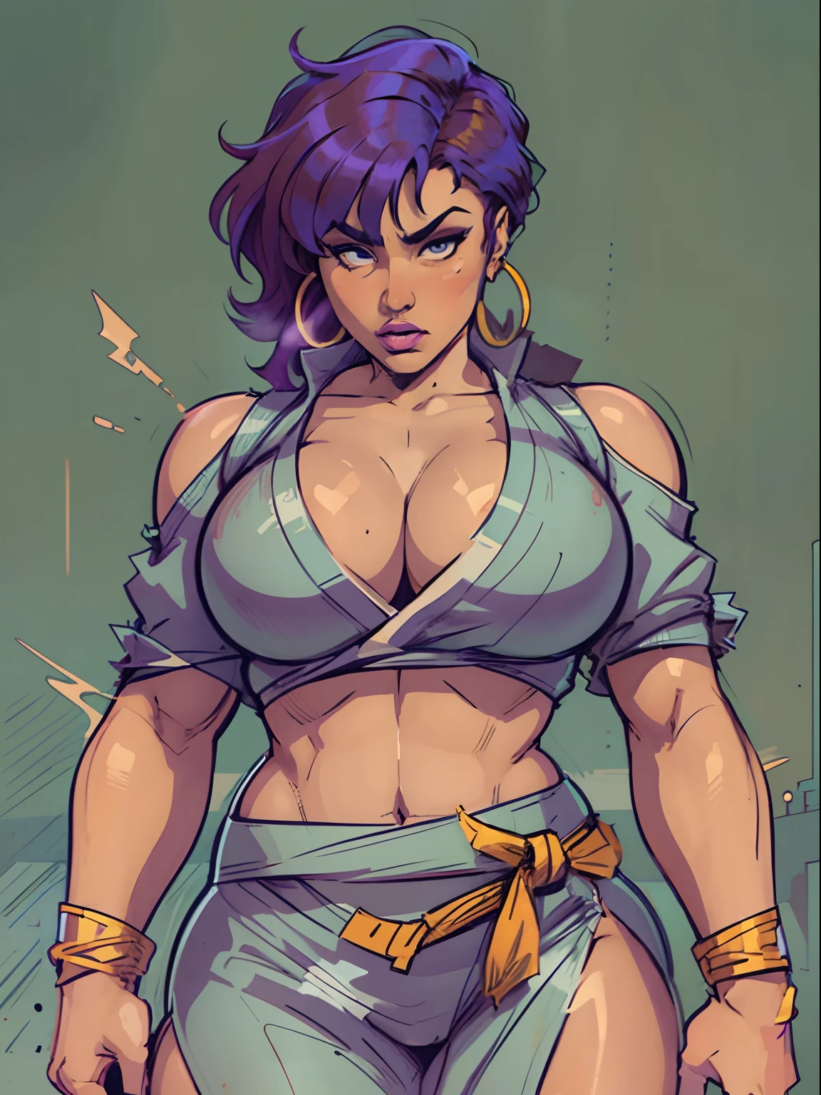 comic book style, intricate comic book outline linework, flat colors

street fighter, 1girl, brown skin, perky breasts, (thick thighs), wide body, (chubby), violet hair, full martial arts gi, boots, arm bands, makeup, earrings, solid background, full body,

((masterpiece))