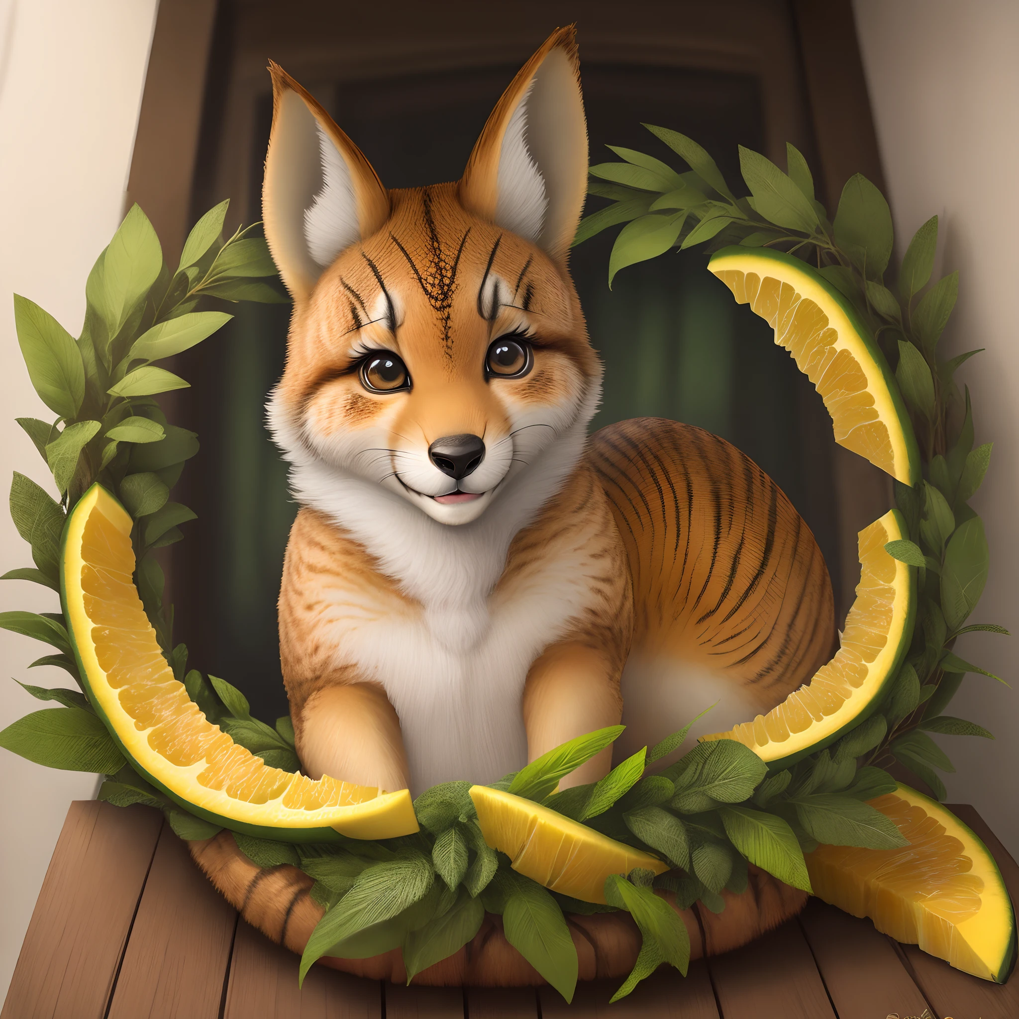 Raposa Furry pele laranja, Cabelo verde, Olhos verdes, No quarto , Sorrindo