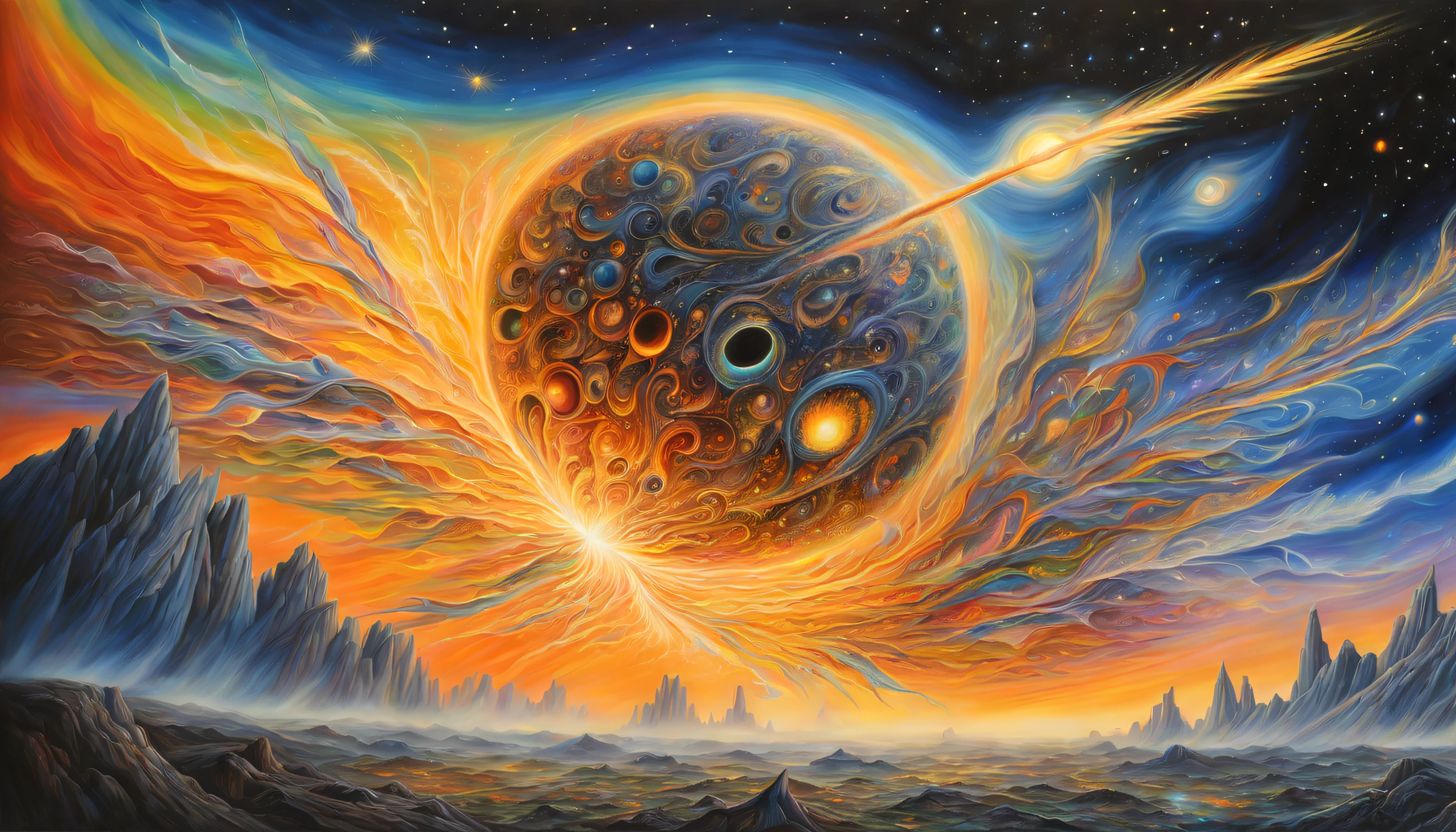 future coalesce and fantasia in captivating meteor harmony, mysteriously divine transcending time itself, image exudes an air of obscura vivid enchantment, brings every intricate details, pencil and acrylic painting masterpiece that captures the essence of meteor, stunning extremely insane detail masterful brushstrokes, ethereal beautiful glow, carefully crafted painting,