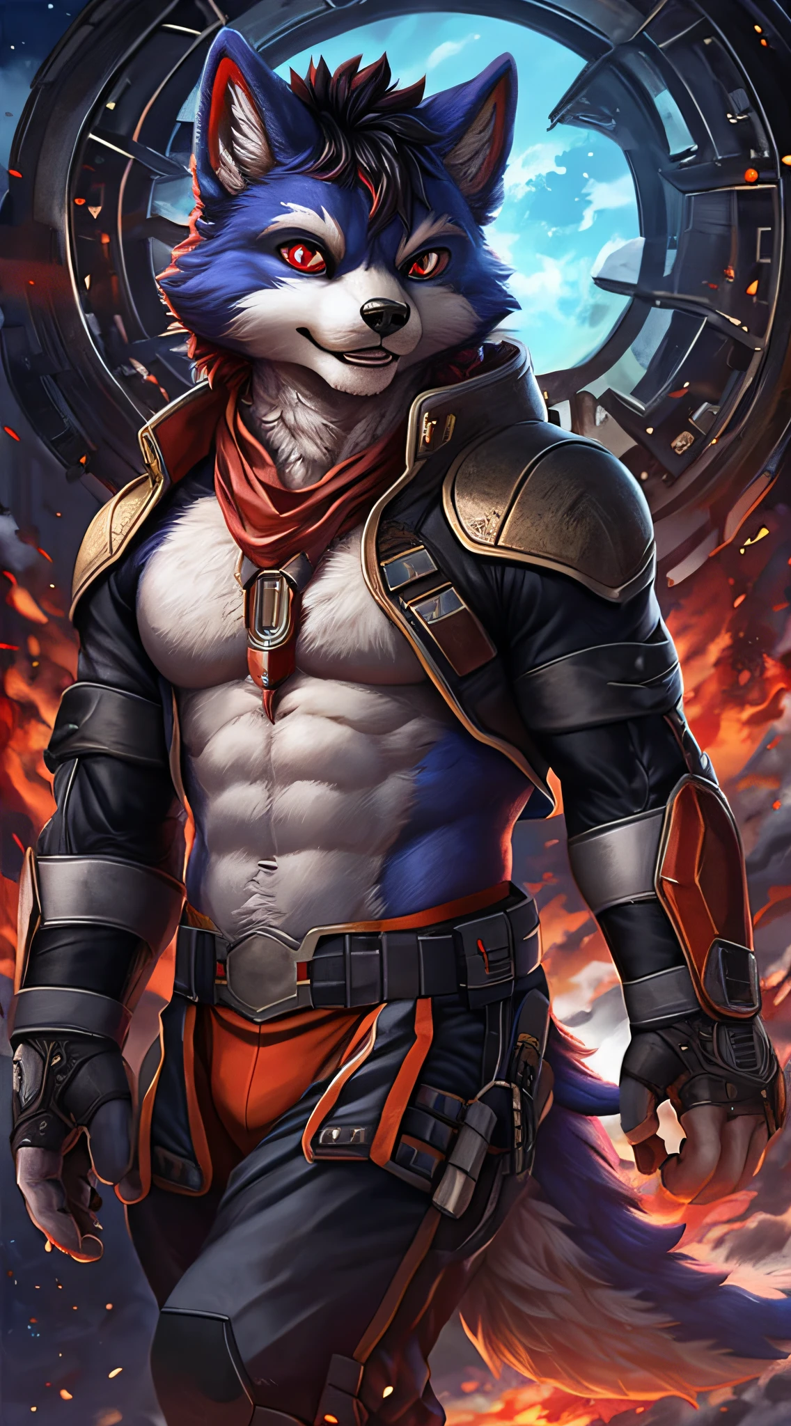 Rystal, Star Fox, Male,Dark emerald hair， (A detailed), fluffly, Solo, Meticulous and realistic, A detailed eye, ( The pupil of the Eye of the Blood Wheel), (( Black and red eyes)), Excellent quality, high detal, Detailed fur, ((The tail is in the right place) ，He wears a small white brief