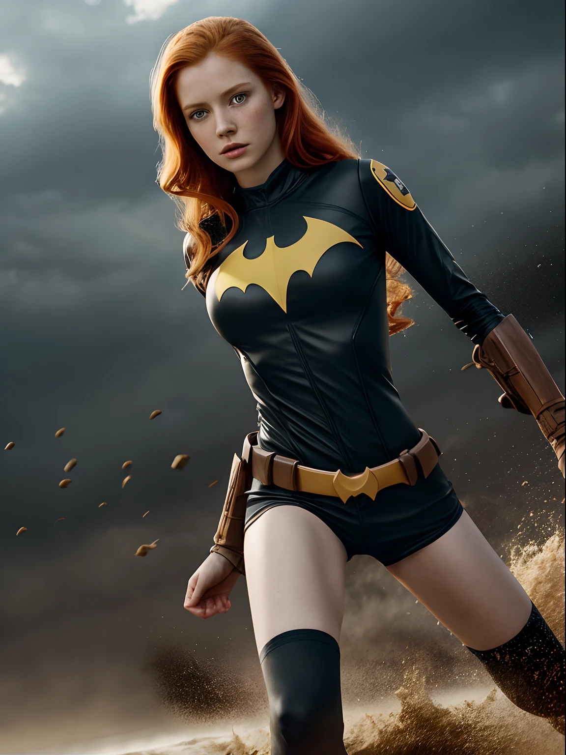 1girl in, age19, Solo, Aesthetic artwork, irish redhead, wavy ginger hair, shoulder length ginger hair, light grey eyes, some small freckles, pale skin, A-cup, small breasts, runners body, (textured skin, skin pores:1.1), (moles:0.8), imperfect skin, goosebumps, wearing bat girl costume, DC costume Batgirl, Africa background, very background, (action shot, flying, 1.25), (extremely detailed 8k wallpaper), (hard lighting), high quality, film grain, Fujifilm XT3 sharp focus, f 5.6, 50mm, High Detail, Sharp focus, (natural light), crazy details, complex details, hyperdetailed