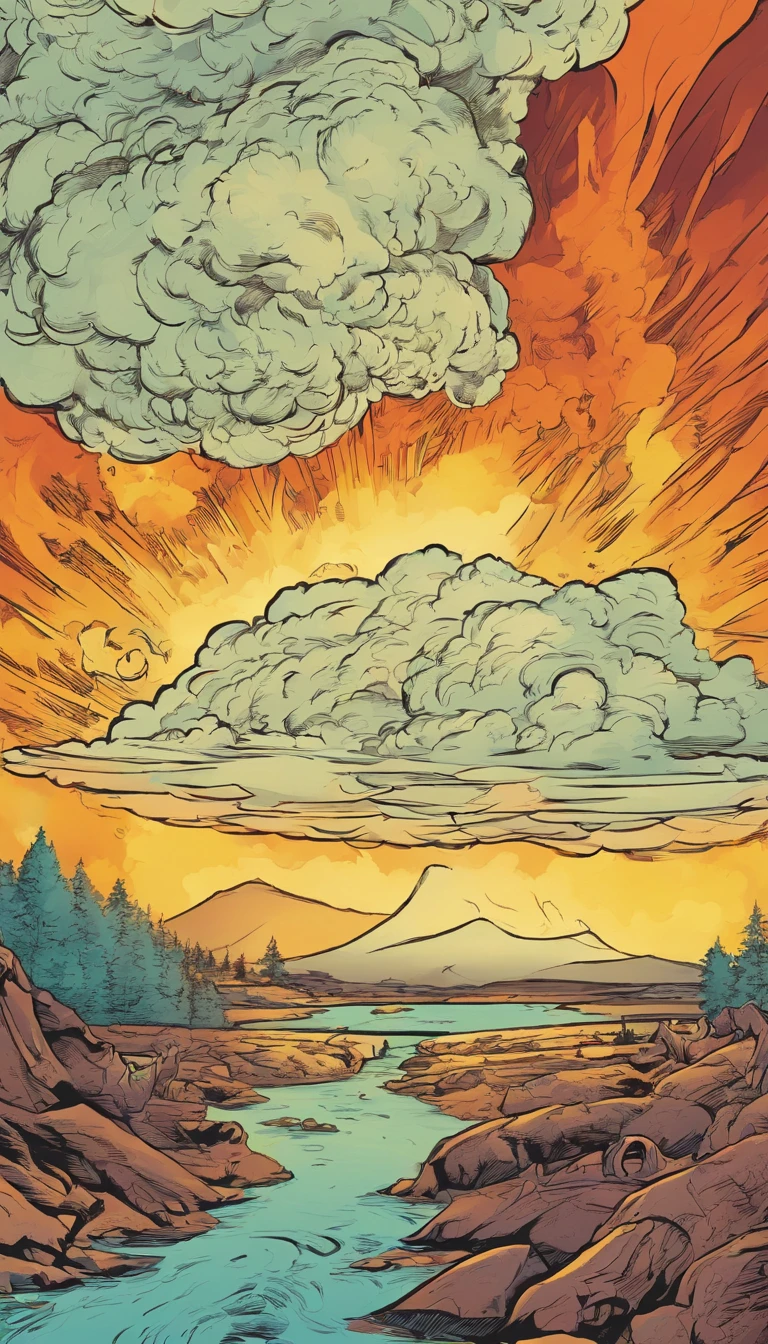American comics,Exaggerated big mouth,At the bottom there is a man with a wide open mouth,Flames erupted from the mouth,It's like a volcanic eruption