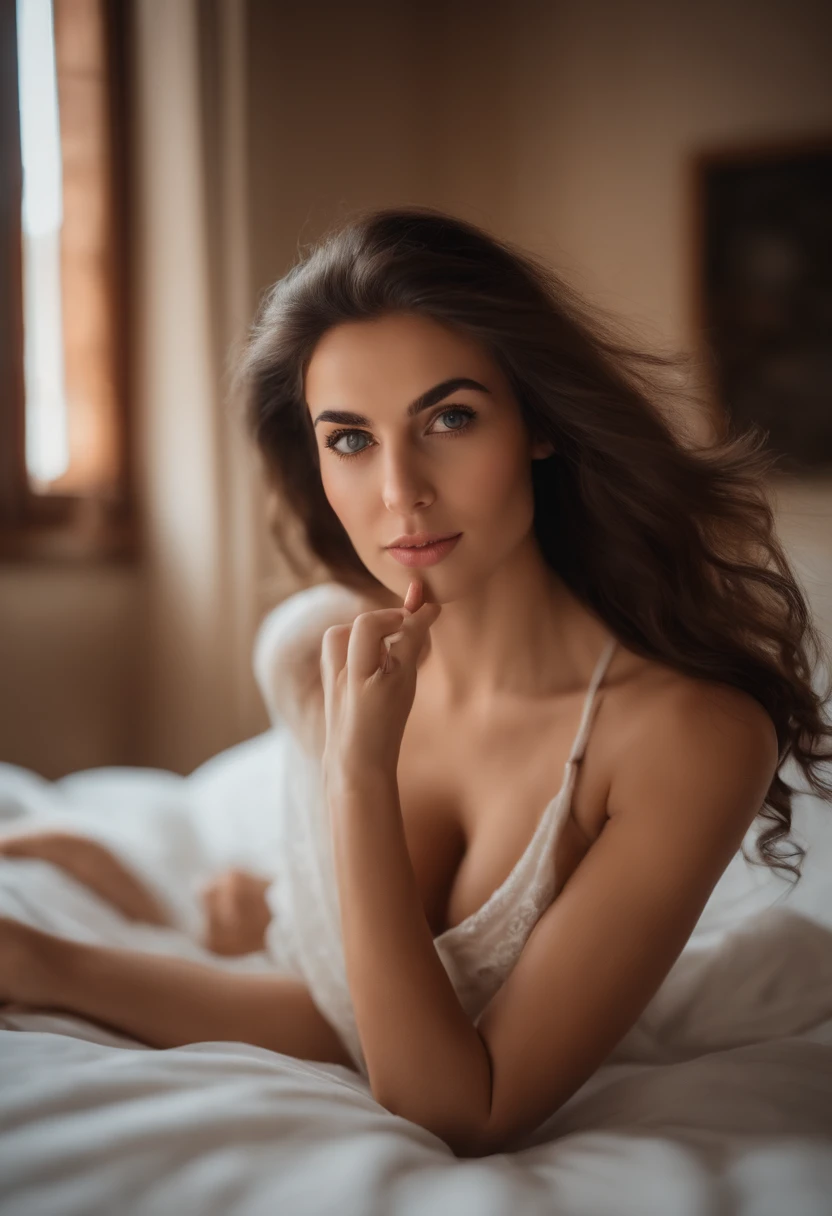 italian woman with loincloth, sexy girl with blue eyes, lying on the bed with feet raised, brunette hair and large eyes, selfie of a young woman, beedroom background, without makeup, natural makeup, looking directly at the camera, face with artgram, subtle makeup, stunning full body shot, wide neckline, left handd finger on her lips