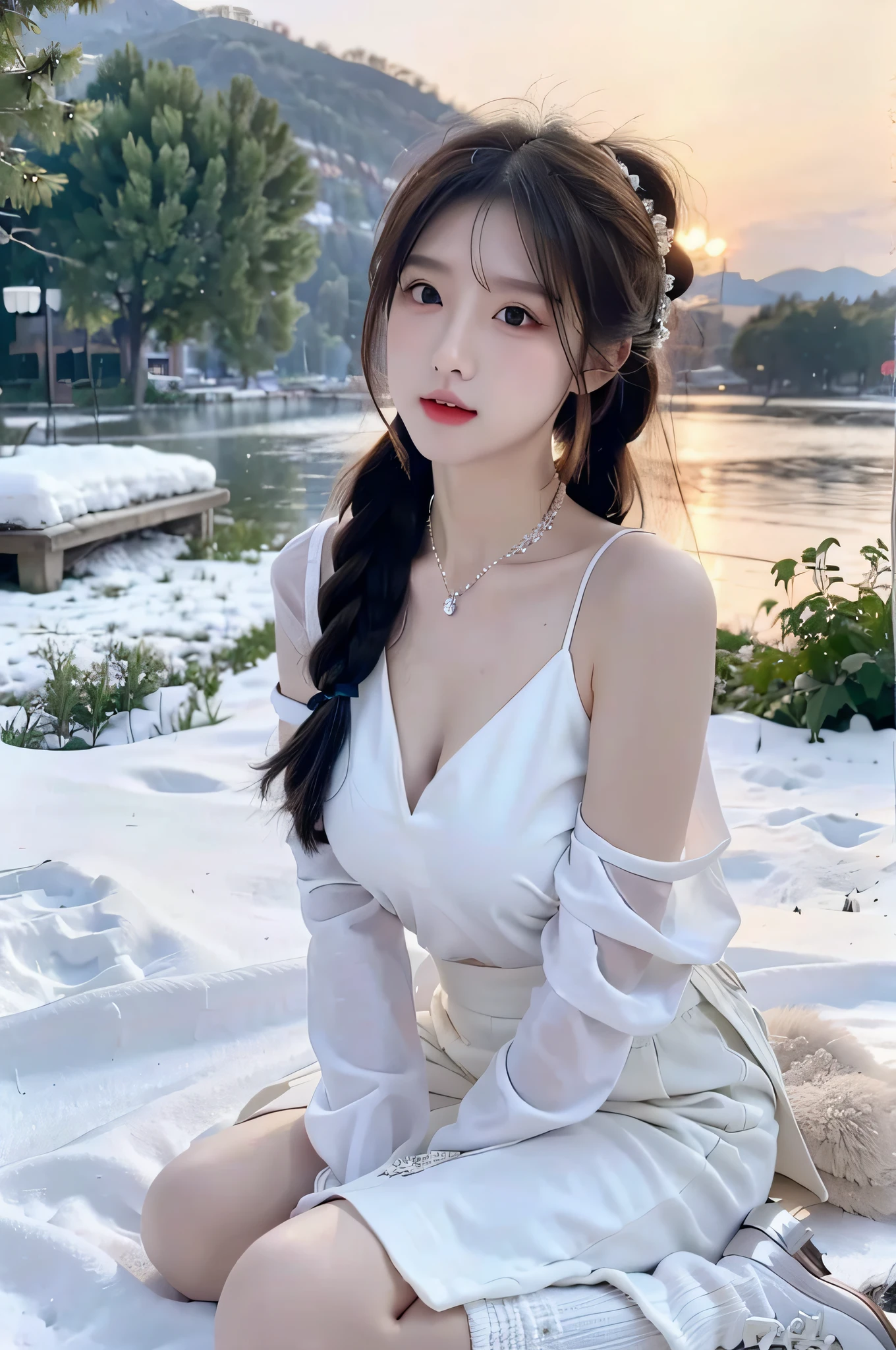 best qualityer，tmasterpiece，A high resolution，1个Giant Breast Girl，pony tails，Porcelain skirt，hair adornments，choker necklace，jewely，beautiful  face，physics，Tyndall effect，hentail realism，dark studio，edge lit，twotonelighting，（highdetailskin：1.2 ）、8k UHD、Slr、softlighting、high high quality、volumettic light、Voyeur、photore、A high resolution、4K、8K、bokeh、huge tit、full bodyesbian、long leges、high-heels、white leggings、Trim your face，snowfield，snow landscape，Sky Aurora