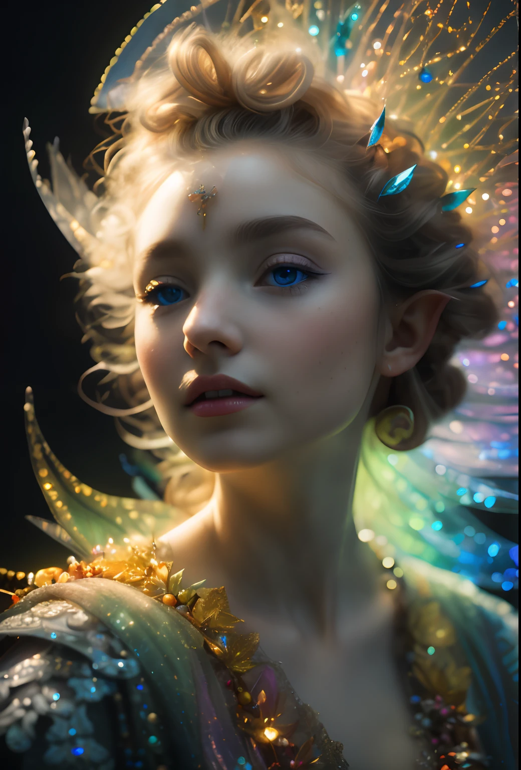 arafed image of a young girl with a colorful headdress, portrait of fairy, portrait of a fairy, portrait of fairy woman, a stunning young ethereal figure, portrait of magical young girl, hyperrealism. fantasy 4k, portrait of fairy princess, portrait of very beautiful elf, iridescent # imaginativerealism, color photograph portrait 4k, a portrait of an elf