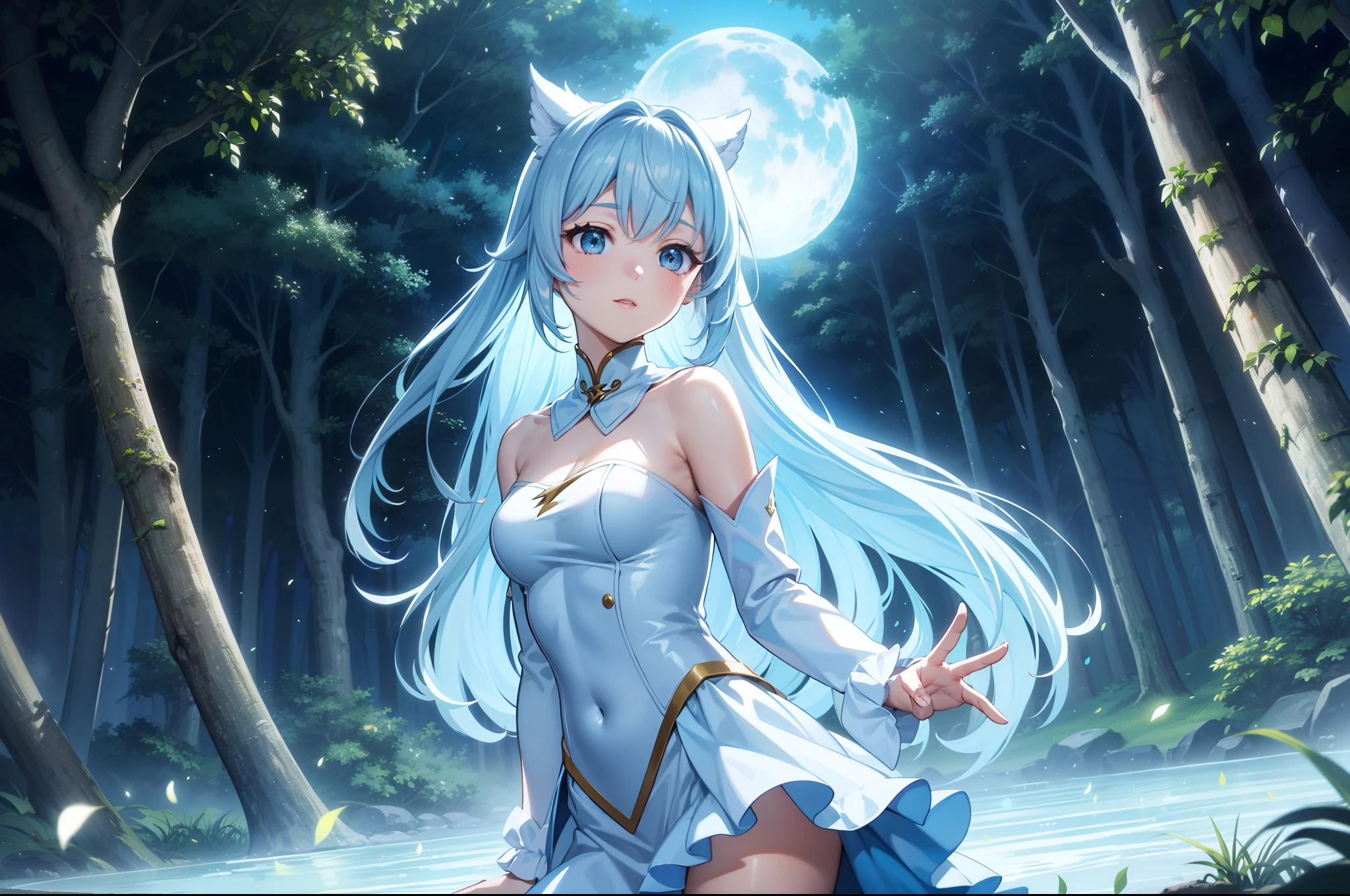 ((ultra-detailliert)), ((Best Illustration)), ((Movie Lighting)), Dynamic Angle, floating, Fine, (The Flash: 1.2), (shine: 1.2), (shine: 1.2), "(Best Quality), Super detailed depiction of a beautiful girl, Light blue long hair、Twin-tailed、 In the colorful forest、Surrounded by pure white owls and vivid vegetation.", Cinematic, Refreshing, essence, Rim Lights, Scattering