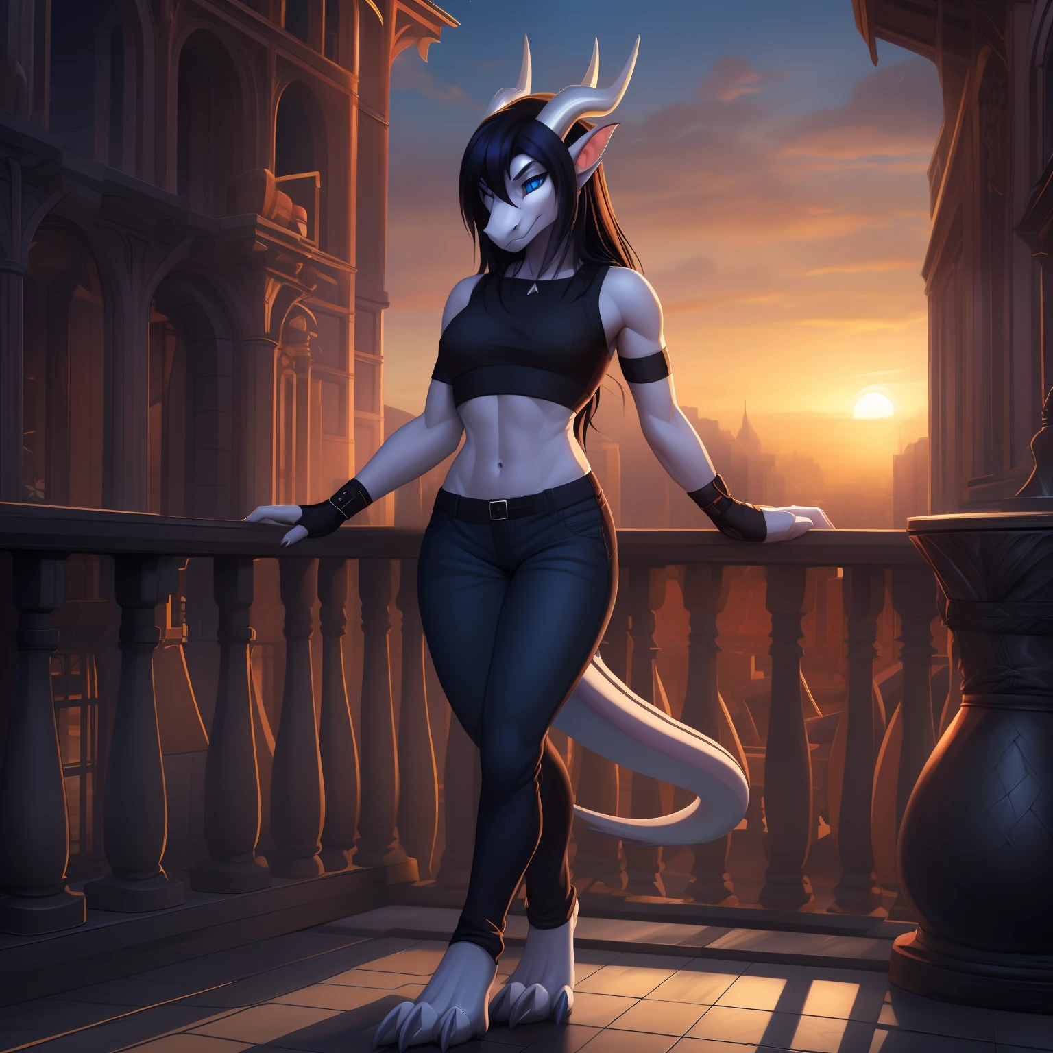 (masterpiece, best quality, high quality, highres:1.4), detailed, extremely detailed, dark lighting, 4K, female, 1female, slim_woman, toned body, dragon, white body, smooth skin, anthro legs, tone body, (dragon face), (dragon feet), (toe claw), dragon wings, black spikes, blue eyes, (detailed eyes), dragon horns, dragon tail, (clothing, topwear: black crop-top, handware: fingerless gloves, bottomwear: tight jeans:black))), beautiful, ((mouth closed)), long black hair, has hair, standing outside a balcony