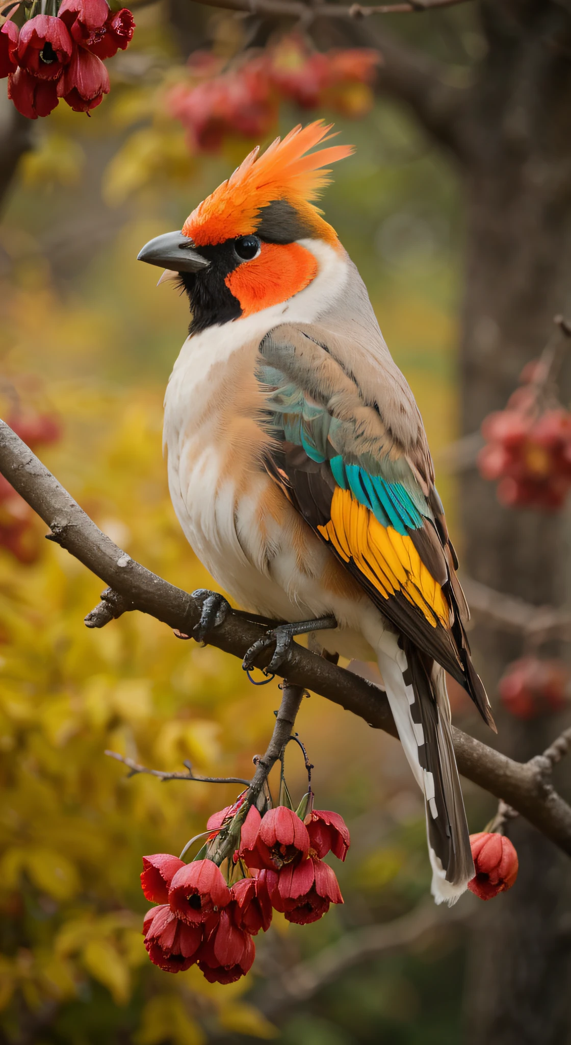 two colorful birds sitting in branch