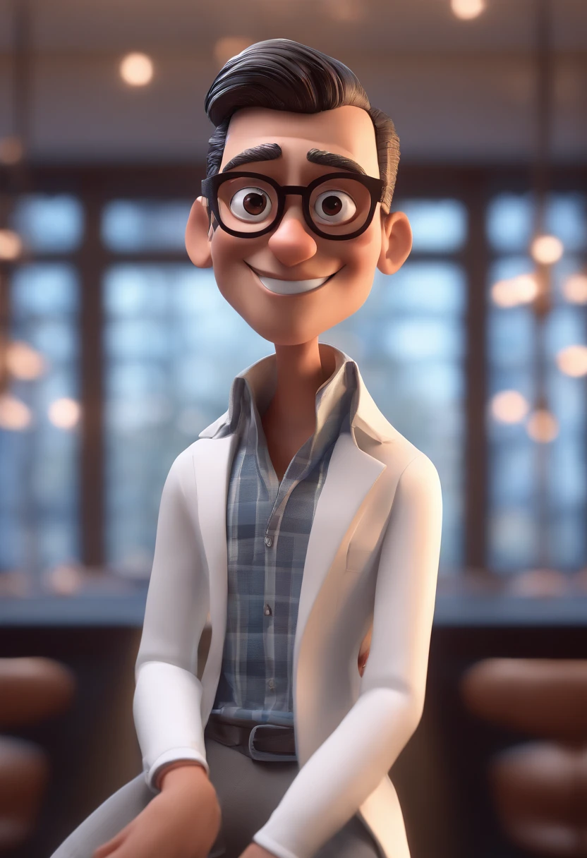 Cartoon character of a man with black glasses and a white shirt, animation character, Caractere estilizado, animation style rendering, 3D estilizado, Arnold Maya render, 3 d render stylized, toon render keyshot, Personagem 3D, Personagem 3D, 3d rendering stylized, 3 d character render, personagem de desenho animado, Personagem de close up, Pose de personagem, (Estilo Pixar) (master part:1.2) (Bokeh) (best quality) (pele detalhada) (textura detalhada) (8k) (argila) (Cinematic lighting) (foco nítido