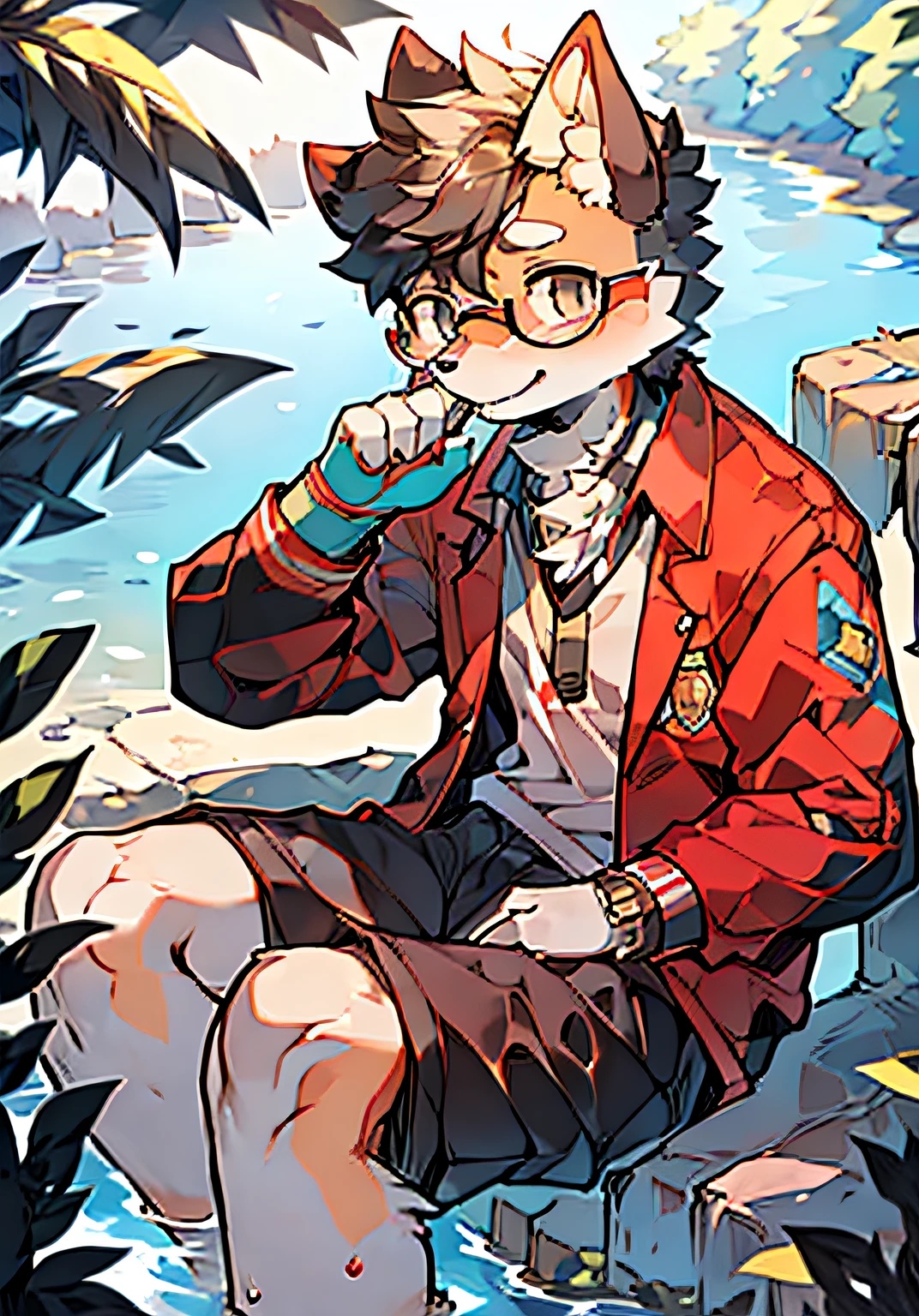A bespectacled high school boy sits by the river in his school uniform