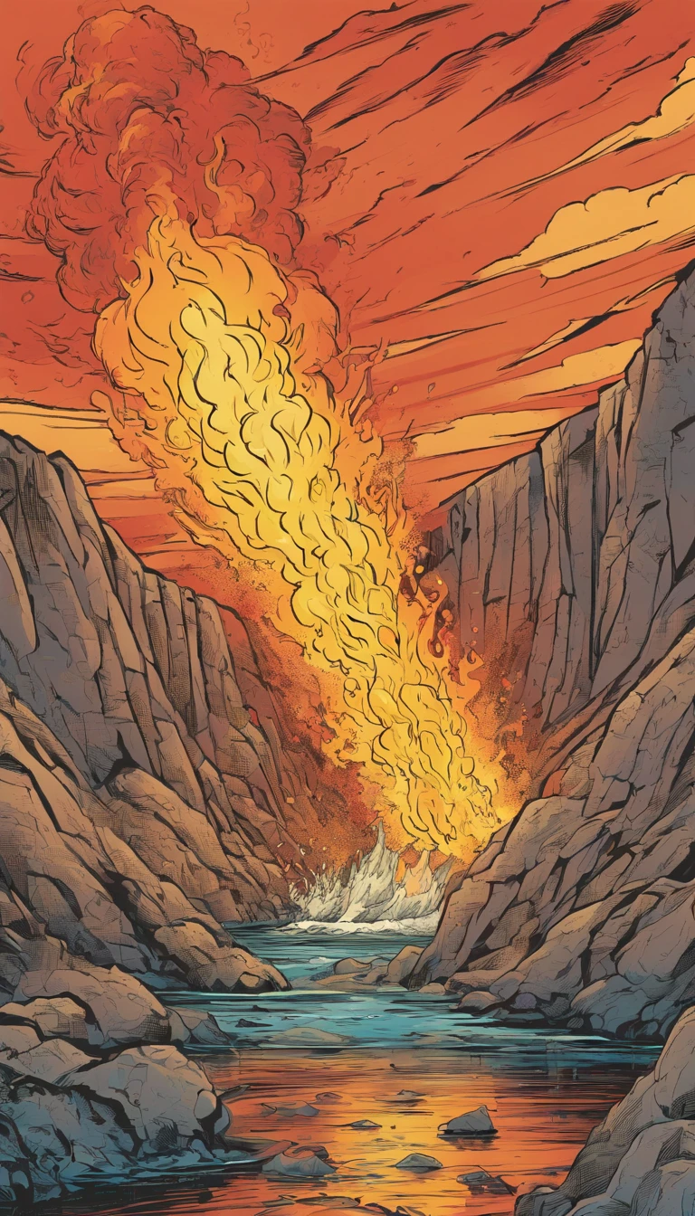 American comics,At the bottom there is a man with an exaggerated mouth wide open,Flames erupted from the mouth,It's like a volcanic eruption
