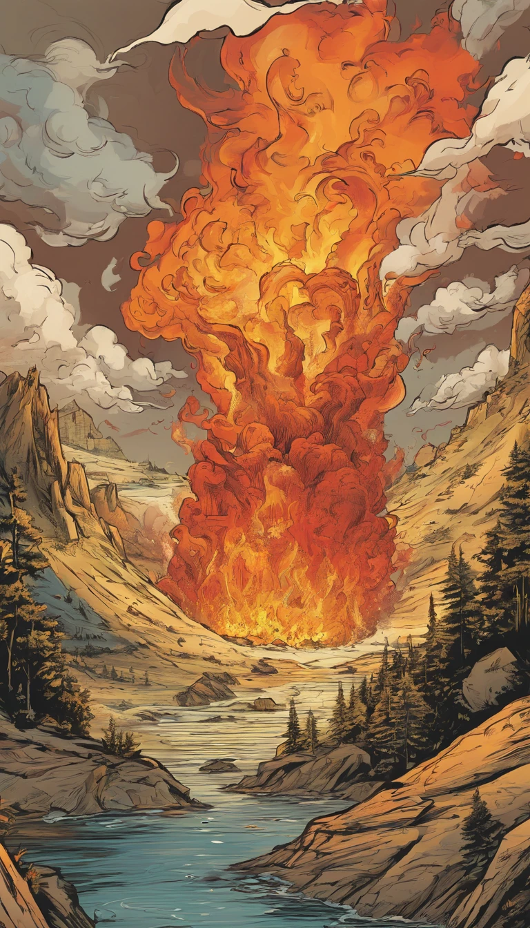 American comics,At the bottom there is a man with an exaggerated mouth wide open,Flames erupted from the mouth,It's like a volcanic eruption