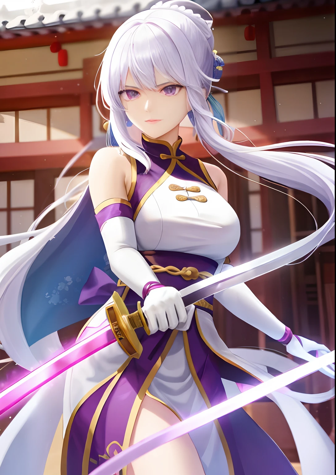 A woman,Holding An Sword,White hair,Wear purple Hanfu,Long white gloves are worn on the elbows,Chinese Ancient Architecture