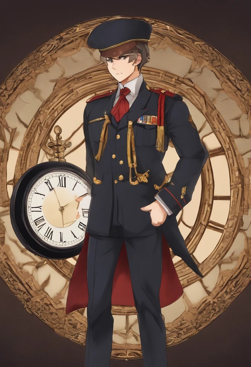 a cartoon picture of a man in uniform holding a clock, concept art inspired by Munakata Shikō, tumblr, shin hanga, megumin, megumin from konosuba, anya from spy x family, as an anime character, maya fey from ace attorney, official character art, anime character, full body zenkai! asuka suit -- seed 335158586