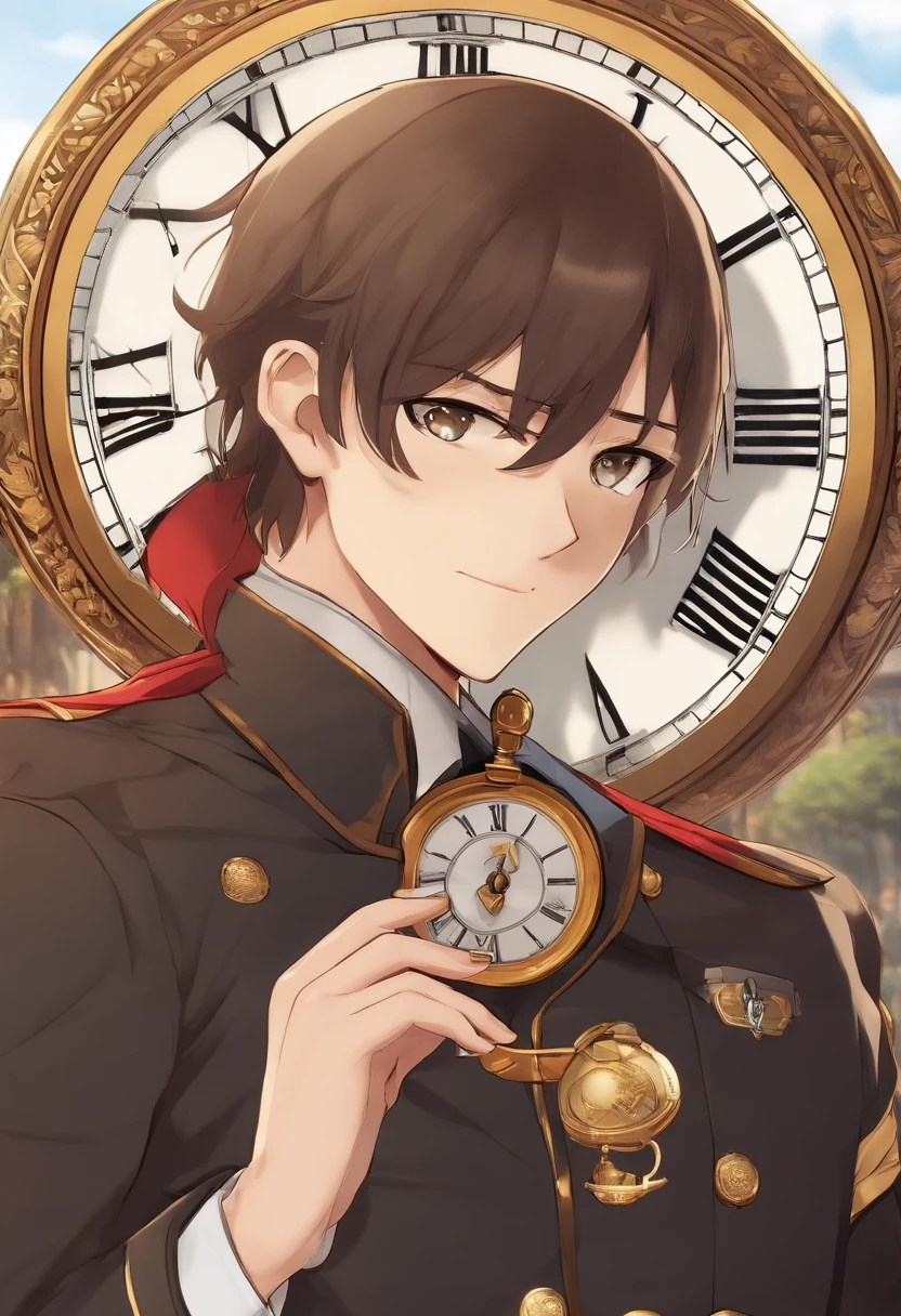 a cartoon picture of a man in uniform holding a clock, concept art inspired by Munakata Shikō, tumblr, shin hanga, megumin, megumin from konosuba, anya from spy x family, as an anime character, maya fey from ace attorney, official character art, anime character, full body zenkai! asuka suit -- seed 335158586