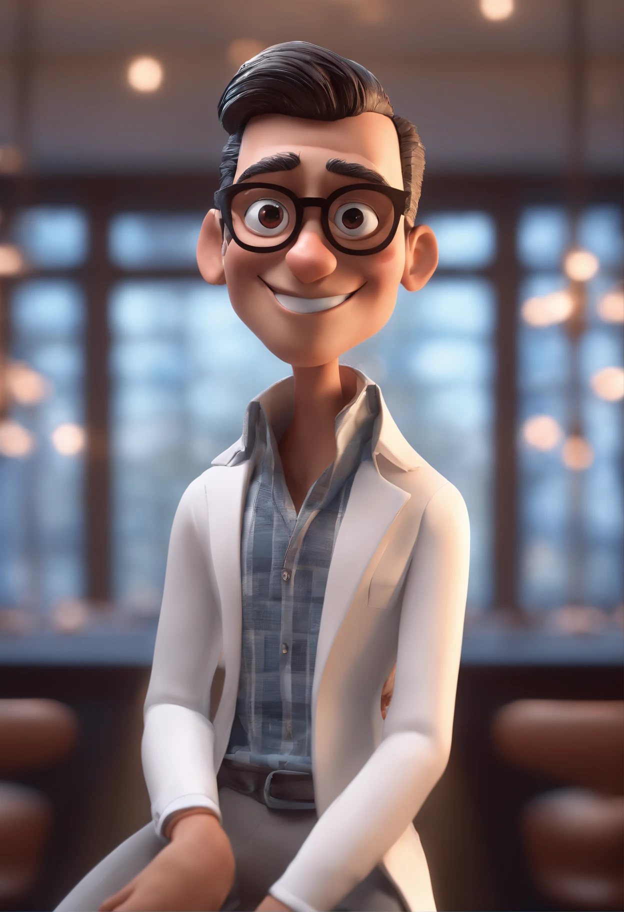 Cartoon character of a man with black glasses and a white shirt, animation character, Caractere estilizado, animation style rendering, 3D estilizado, Arnold Maya render, 3 d render stylized, toon render keyshot, Personagem 3D, Personagem 3D, 3d rendering stylized, 3 d character render, personagem de desenho animado, Personagem de close up, Pose de personagem,  (Estilo Pixar) (master part:1.2) (Bokeh) (best quality) (pele detalhada) (textura detalhada) (8k) (argila) (Cinematic lighting) (foco nítido