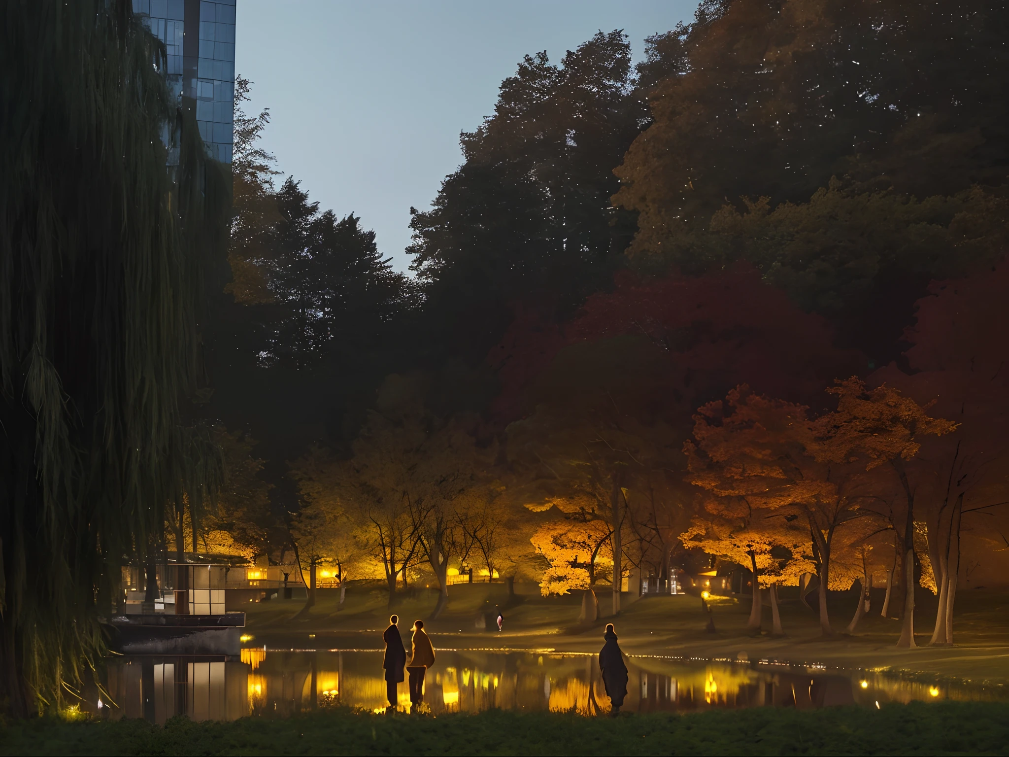 autumn night，Quiet，Peaceful，Comparison of the upper and lower parts，Reflection in the lake，Pedestrians by the lake，Contrast of light and shadow，The interweaving of white, green and yellow
