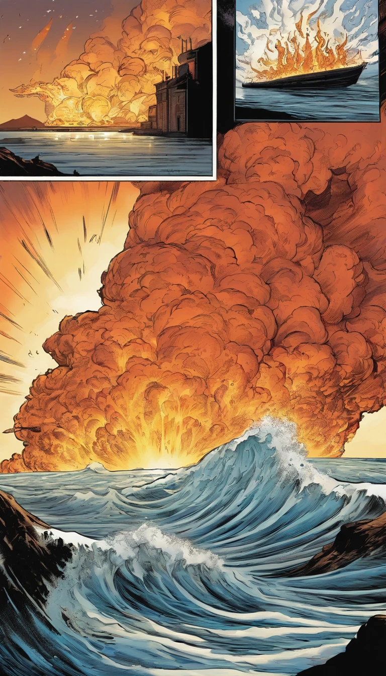 American comics，At the bottom there is a man with an exaggerated mouth wide open，Flames erupted from the mouth，It's like a volcanic eruption，Flames spread across the sky，Top-down view