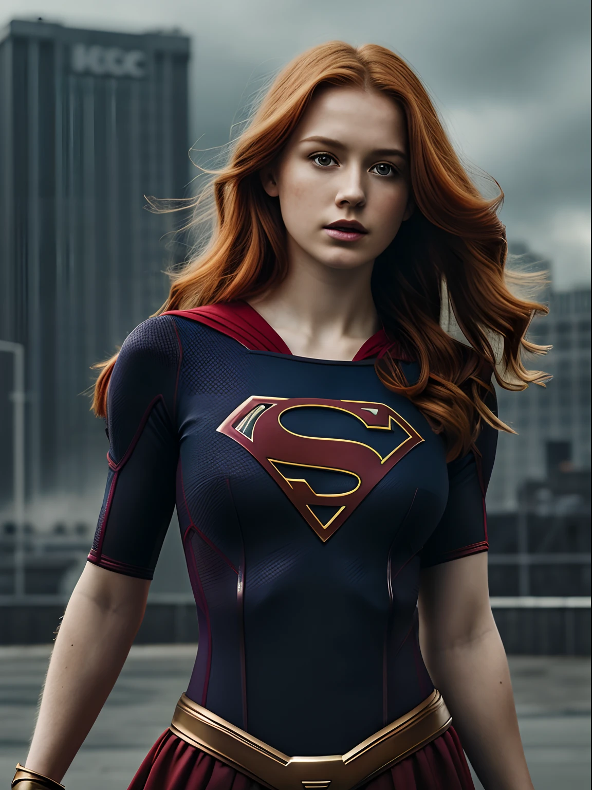 1girl in, 19, Solo, Aesthetic artwork, irish redhead, wavy ginger hair, shoulder length ginger hair, light grey eyes, some small freckles, pale skin, A-cup, small breasts, runners body, (textured skin, skin pores:1.1), (moles:0.8), imperfect skin, goosebumps, wearing Supergirl costume, DC costume Supergirl, dark city background, very background, (action shot, flying, 1.25), (extremely detailed 8k wallpaper), (hard lighting), high quality, film grain, Fujifilm XT3 sharp focus, f 5.6, 50mm, High Detail, Sharp focus, (natural light), crazy details, complex details, hyperdetailed