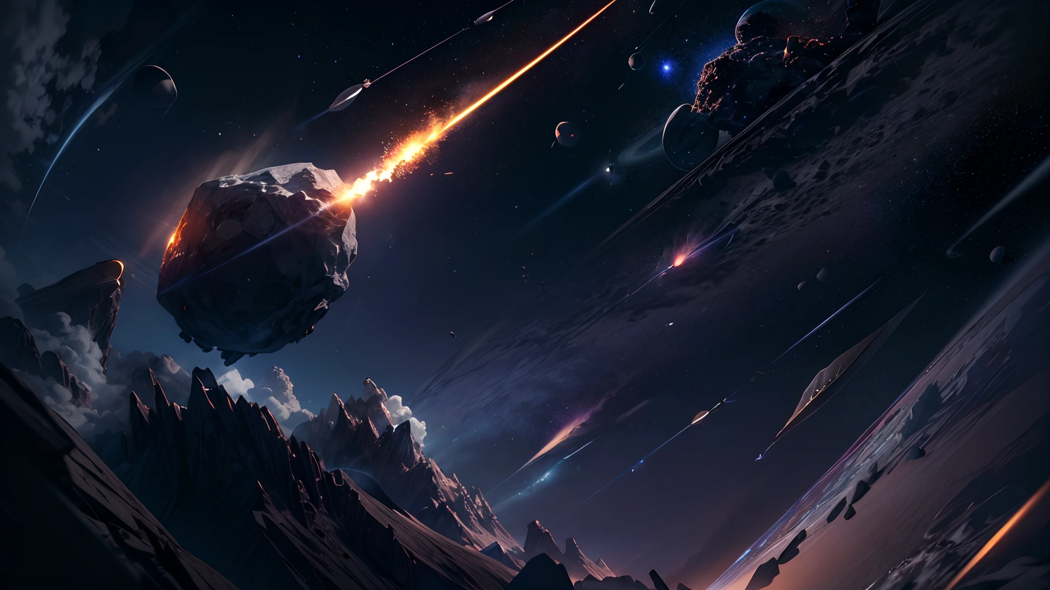 (best quality, ultra-detailed, highres), macro, realistic, professional, fantasy, dark tone, mysterious, (meteor flew across the space:1.5), intense contrast, dramatic shadows, ethereal atmosphere, surreal, panoramic, cinematic composition, rich textures