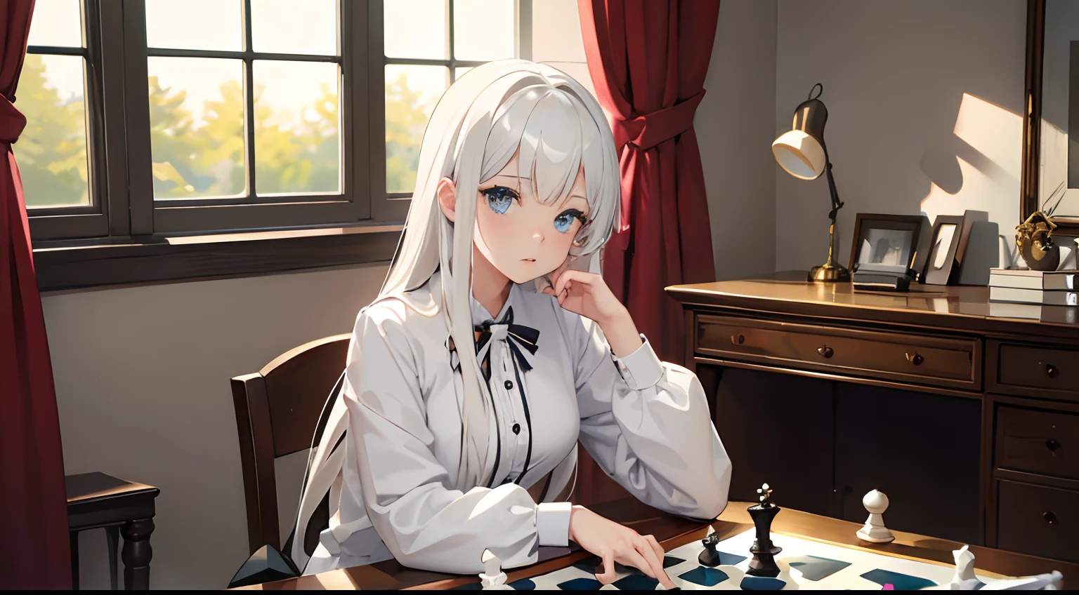 Girl with extremely large Brest,in her bedroom,Playing chess on her desk,white dress,white hair,sits on a chair, she's holding a and thinking, sitting on a chair(that is off-frame), the chessboard that is in front of her,Make it so that the camera is in front and is pointing at her