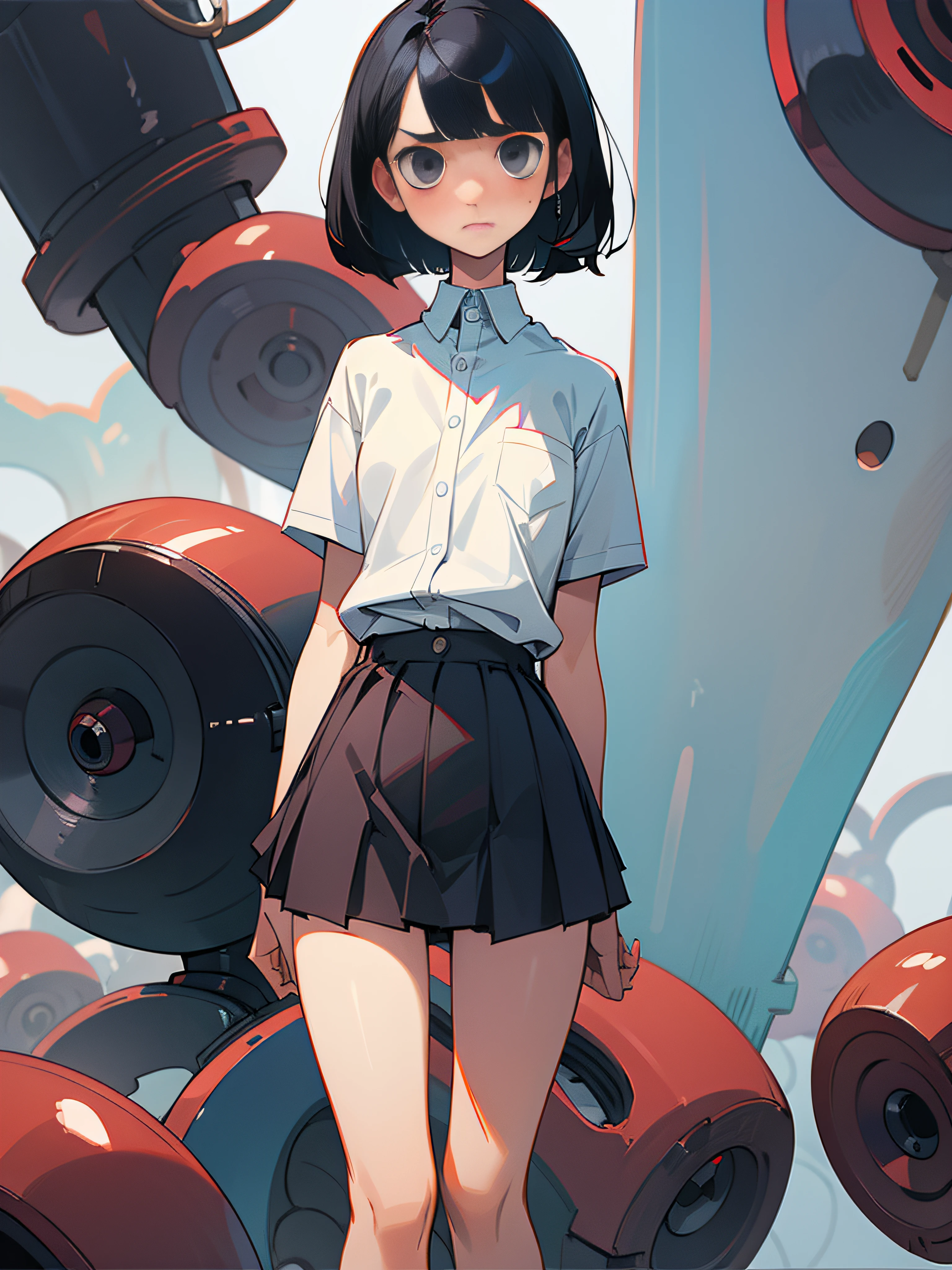 Petite woman with black hair short bob、skinny thigh、white  shirt、a miniskirt、Embarrassed face