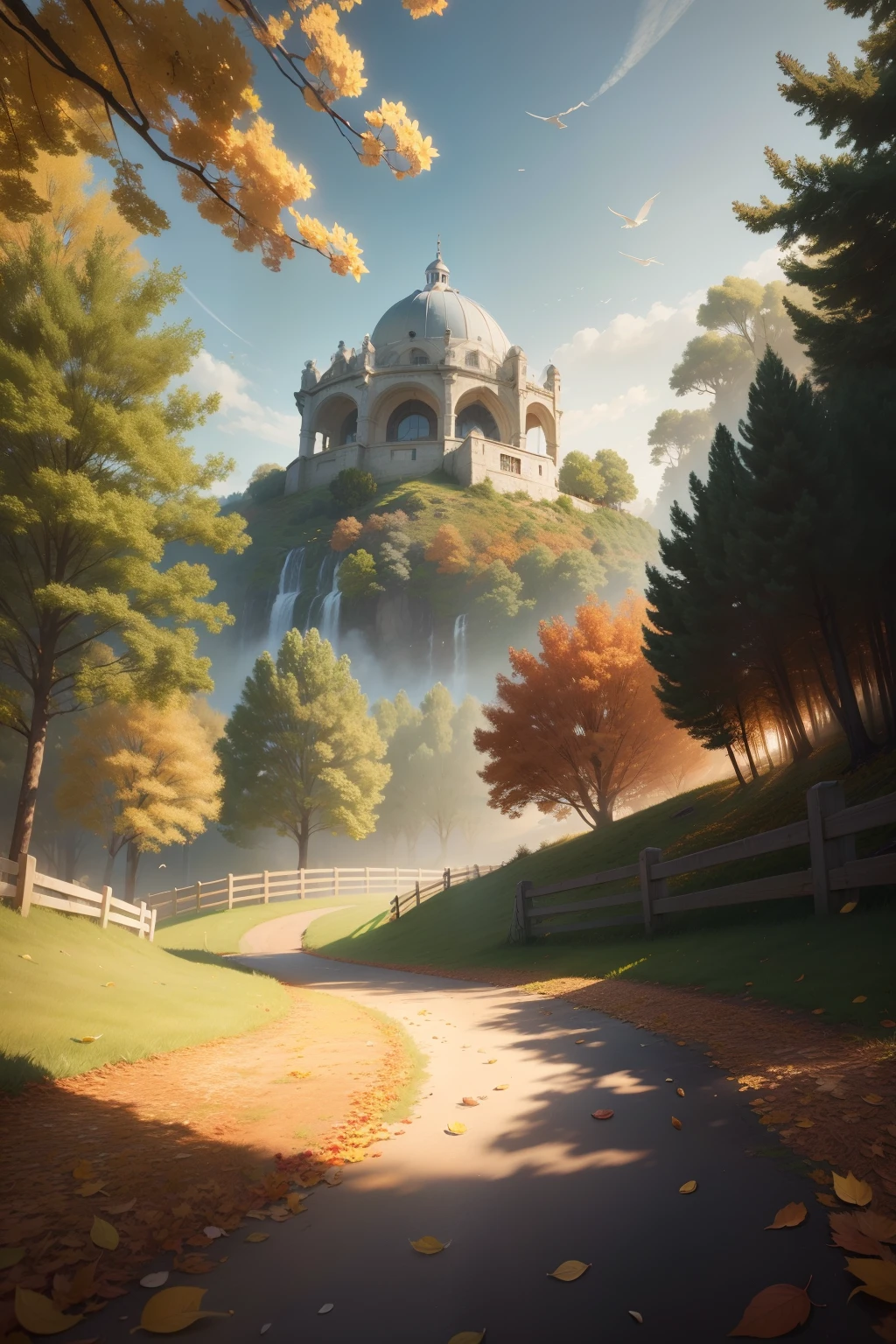 Landscape View,autumnal,White dew solar terminology,The fever is fading,A refreshing autumn day,Fragrant cinnamon,Geese and swallows、Wait for the birds to start flying south to escape the cold,tmasterpiece,best qualtiy,(Very detailed CG Unity 8K wallpaper)(best qualtiy),(Most Best Illustration),(Best Shadow) Delicate foliage of nature, Petals of different colors fall into the air, light tracking,ultra - detailed --v6