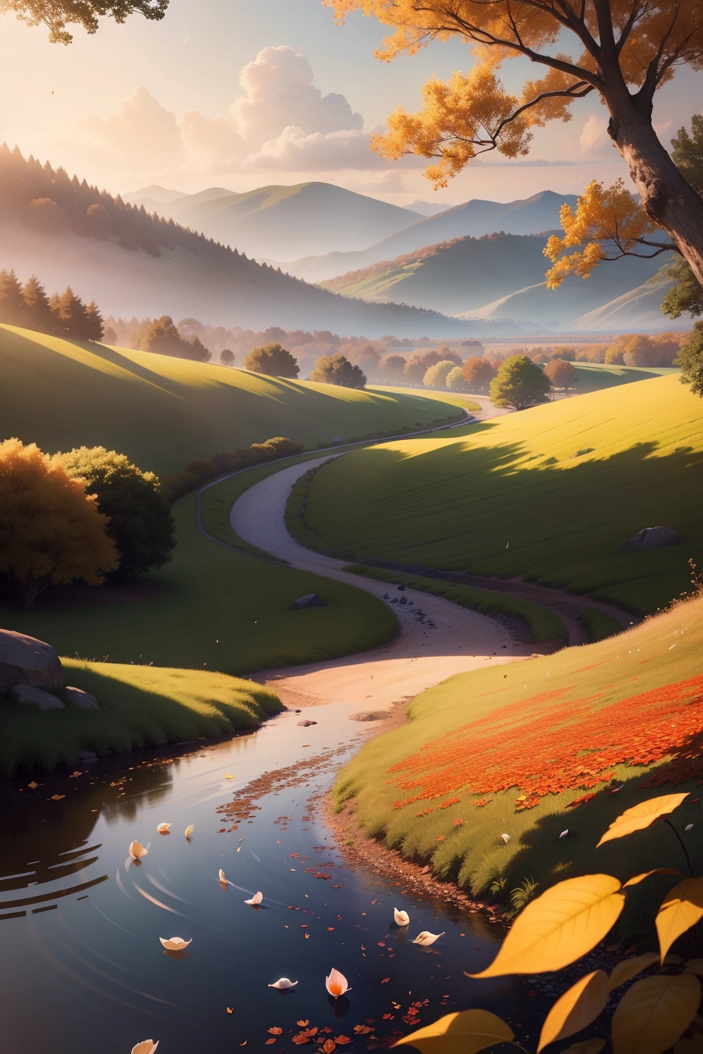 Landscape View,autumnal,White dew solar terminology,The fever is fading,A refreshing autumn day,Fragrant cinnamon,Geese and swallows、Wait for the birds to start flying south to escape the cold,tmasterpiece,best qualtiy,(Very detailed CG Unity 8K wallpaper)(best qualtiy),(Most Best Illustration),(Best Shadow) Delicate foliage of nature, Petals of different colors fall into the air, light tracking,ultra - detailed --v6