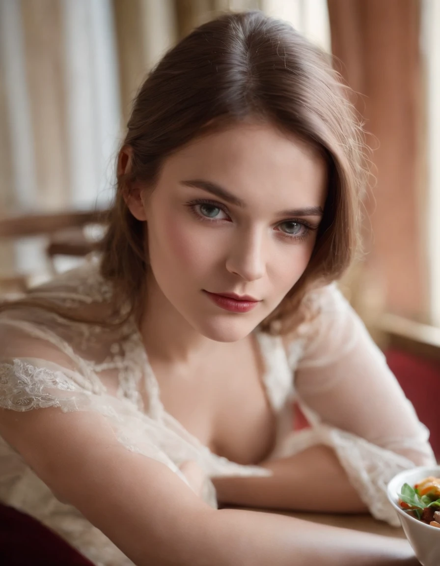 Mode des années 2010, yeux verts Gros plan moyen, Canon EF 85mm f/1.2L II USM, Une femme assise avec son café dans un restaurant，（Mettez vos mains sous la table）， avec une veste noire et des lèvres rouges, Concentrez-vous sur l’expression faciale, Mode de rue