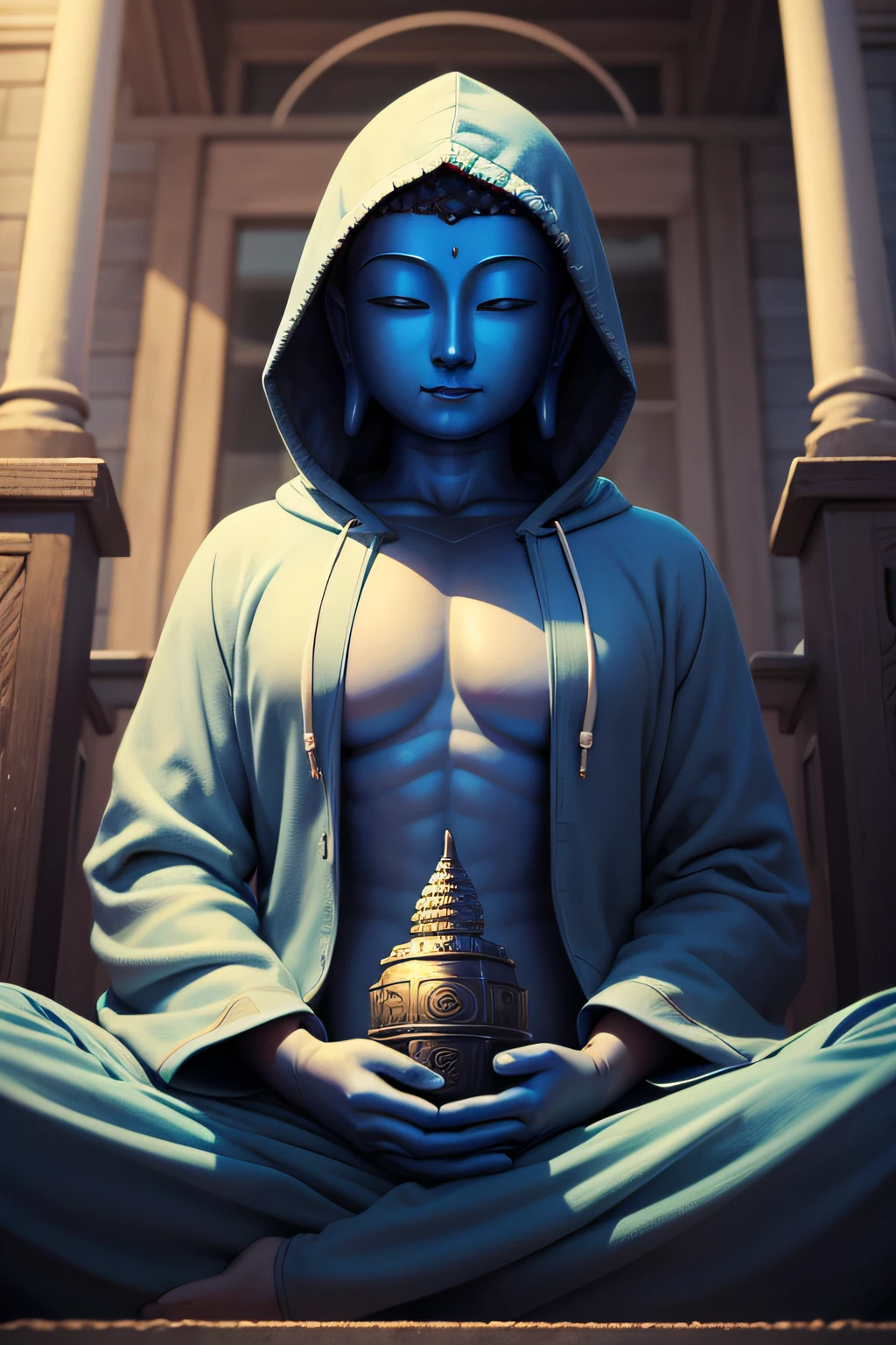 There is a blue Buddha statue facing the front and wearing a hoodie hood,Buddha, the buddha, buddhism, beautiful image,Buddha,Buddha