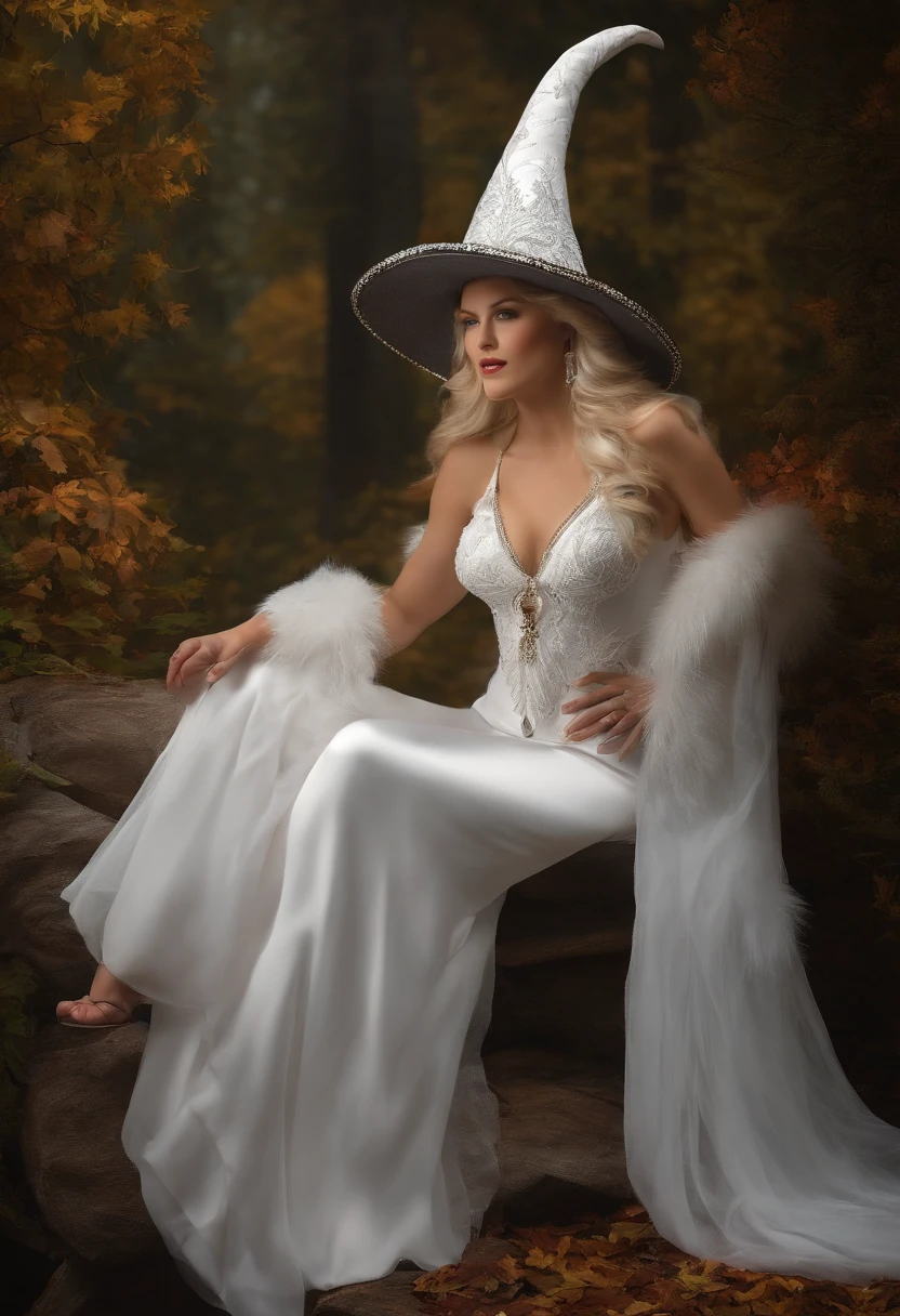 1girll, Mature female, Masterpiece, Mistress, Goddess,White witch hat,Sit upright --ar 16:9 --seed 335158586
