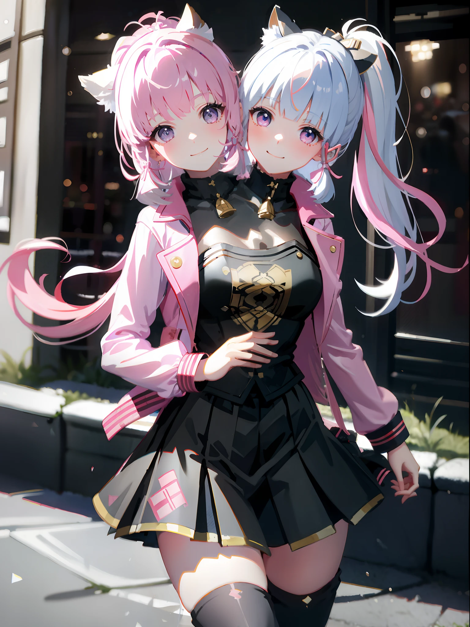 (masterpiece, best quality, ultra-detailed, illustration), (2heads:1.5), 1girl, genshin impact, kamisato, 1girl,solo,ayaka hair ornament,cowboy shot,ponytail, blunt bangs,blue eyes, smile, closed mouth, eyebrows visible through hair, long hair, silver hair, looking at viewer, indoors,medium breasts,school uniform, serafuku, sailor collar, pleated skirt,