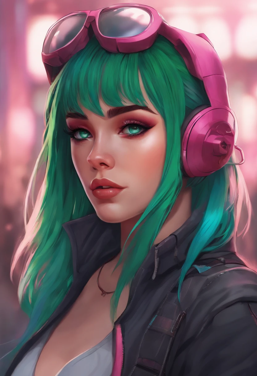 woman, Realistic character, Green hair,Pink hair, Blue eyes, anime, Alone, modern, Cyberpunk