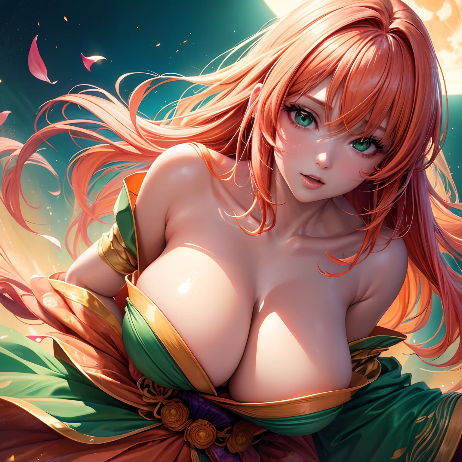 finest image, (8k, RAW photo, realistic), portrait, detailed and delicate depiction and flashy and dynamic painting method, orange pink hair, beautiful woman, emerald green big eyes, amorous expression, lewd expression, ecstasy, orgasm, huge breasts, great proportion, open Japanese kimono, pink and orange lilies, background big moon, iridescent golden particles